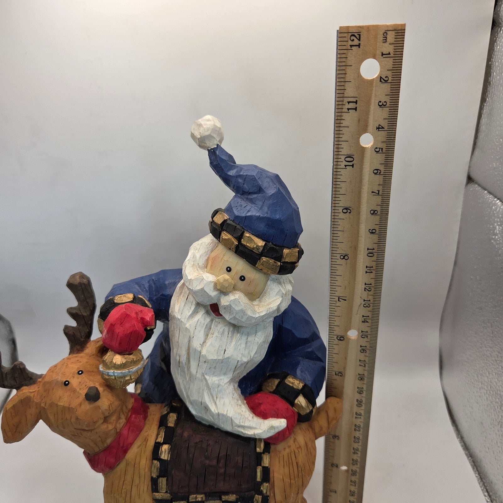 Blue Coat Santa Riding Reindeer Figurine Resin Christmas Decor 11”