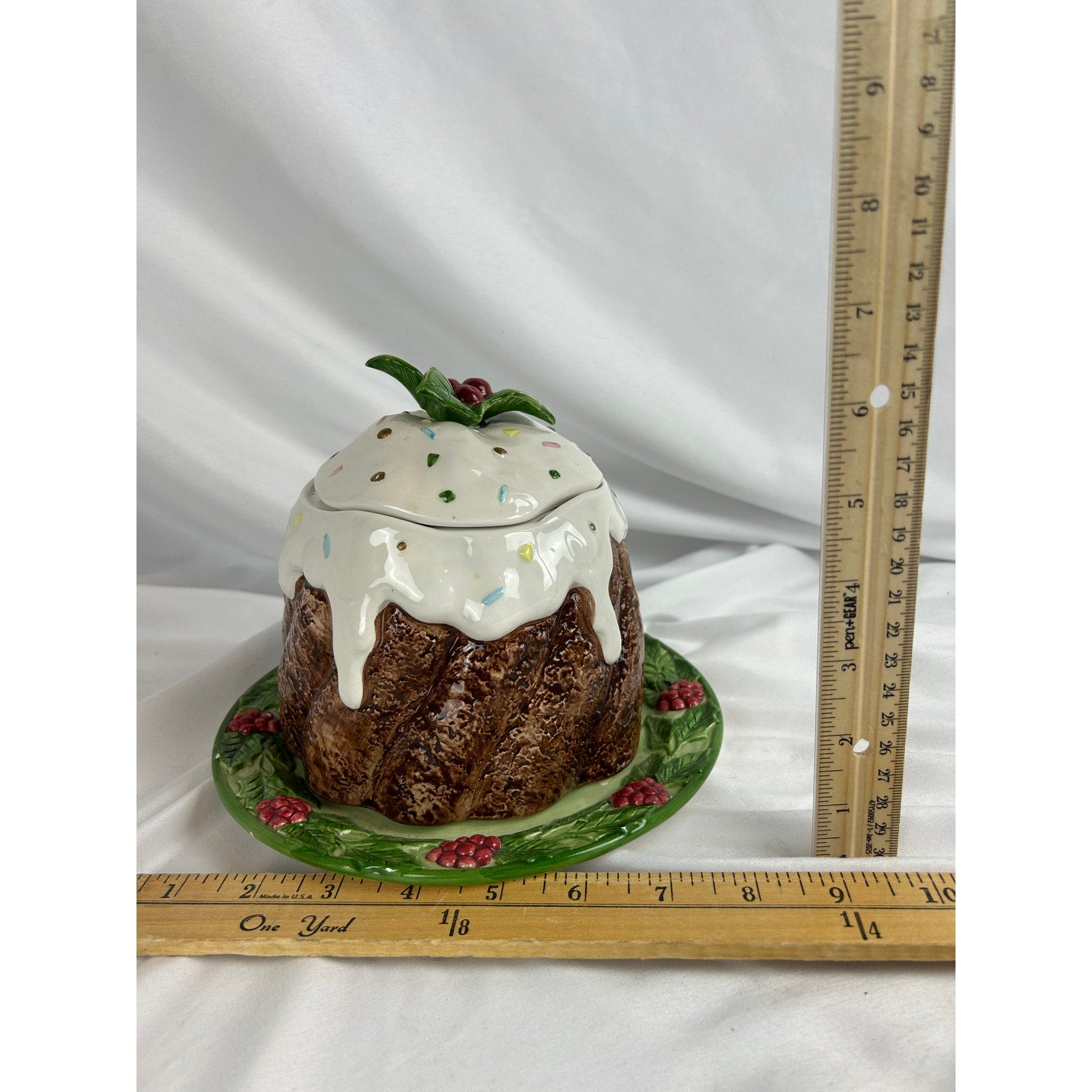 Vintage Ceramic Christmas Pudding Cookie Jar Holly Plate Japan Style -Retired