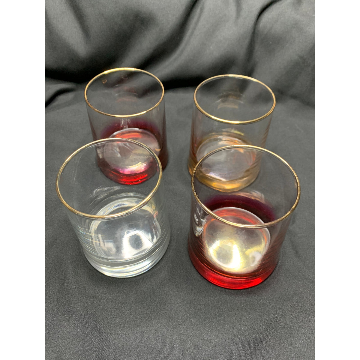 Set of 4 Gold Rim Lowball Rocks Glasses Colored Heavy Bases Barware