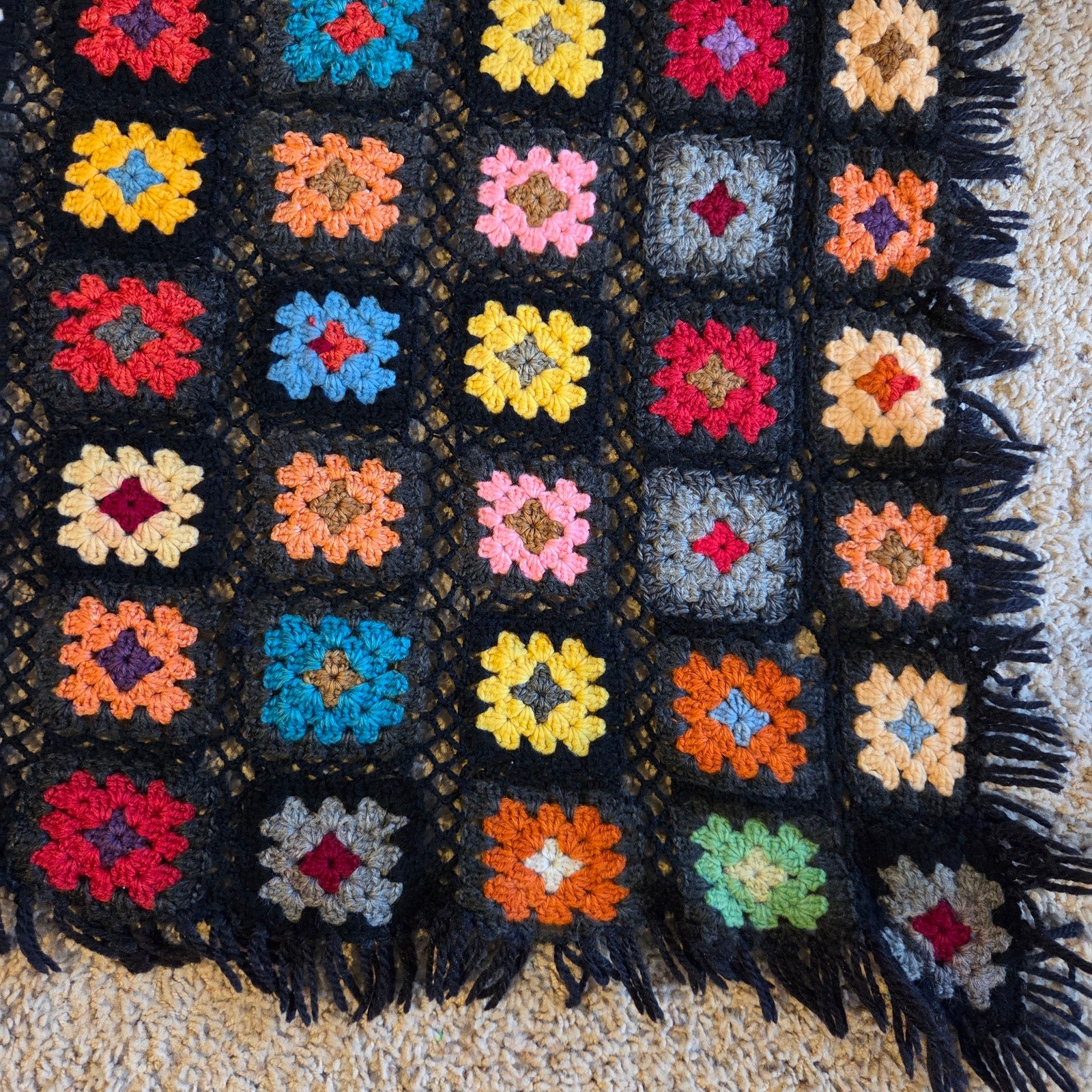 Vintage Handmade Granny Square Crochet Afghan Throw Blanket Roseanne Style
