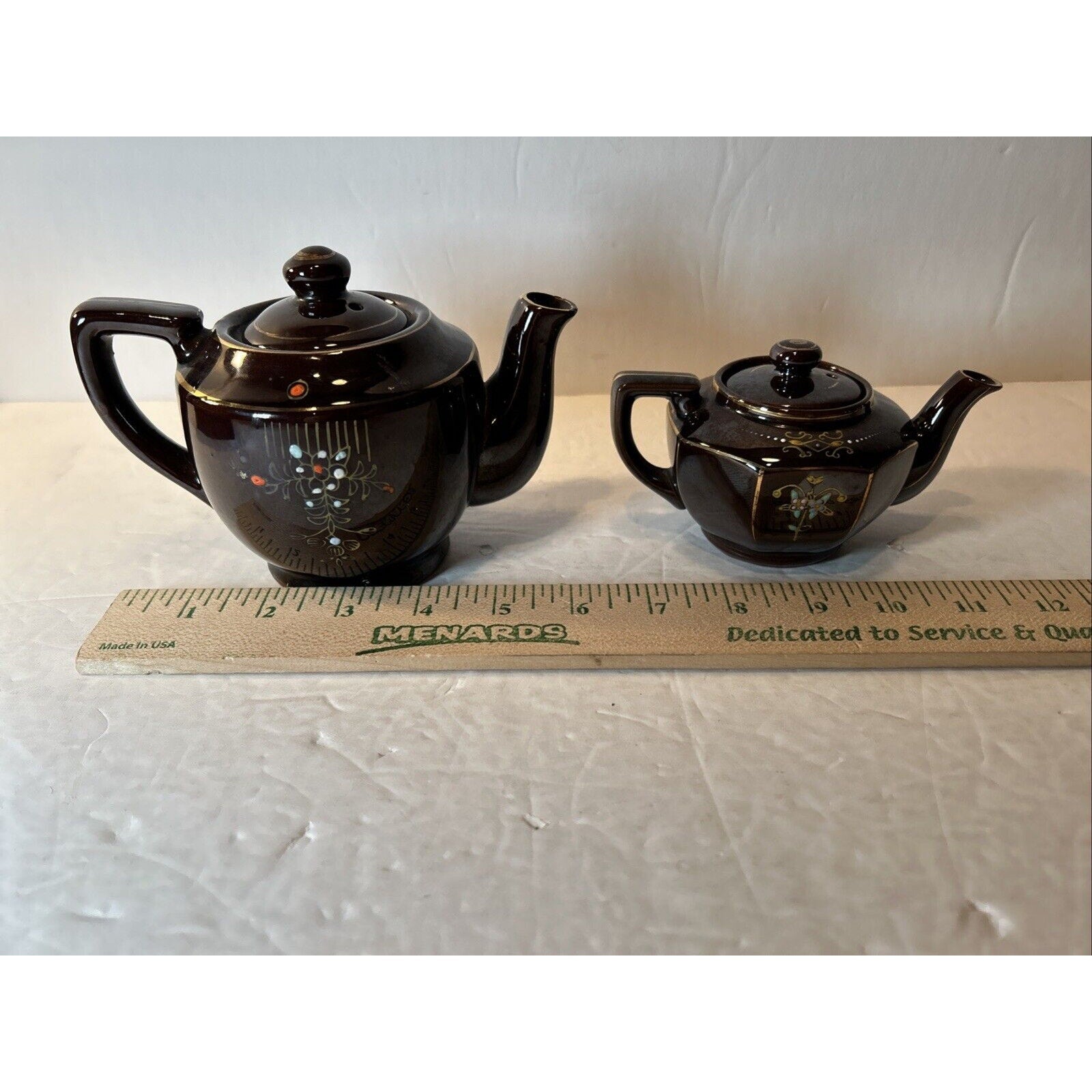 Vintage Japan Brown Ceramic Teapots with Lids – Hand Painted Floral Gold Accents