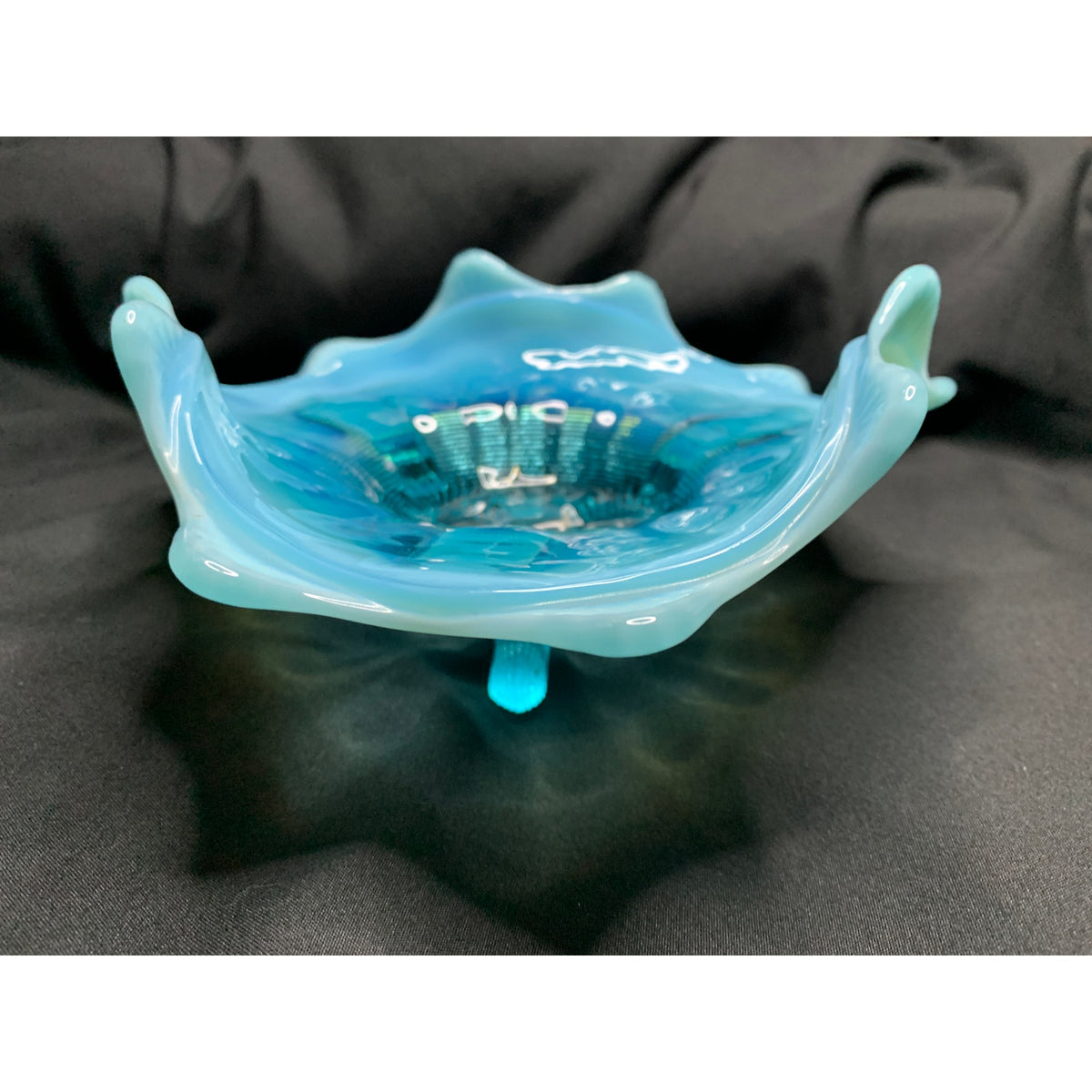 Antique Northwood Klondyke Blue Opalescent Fluted Scroll Footed Bowl