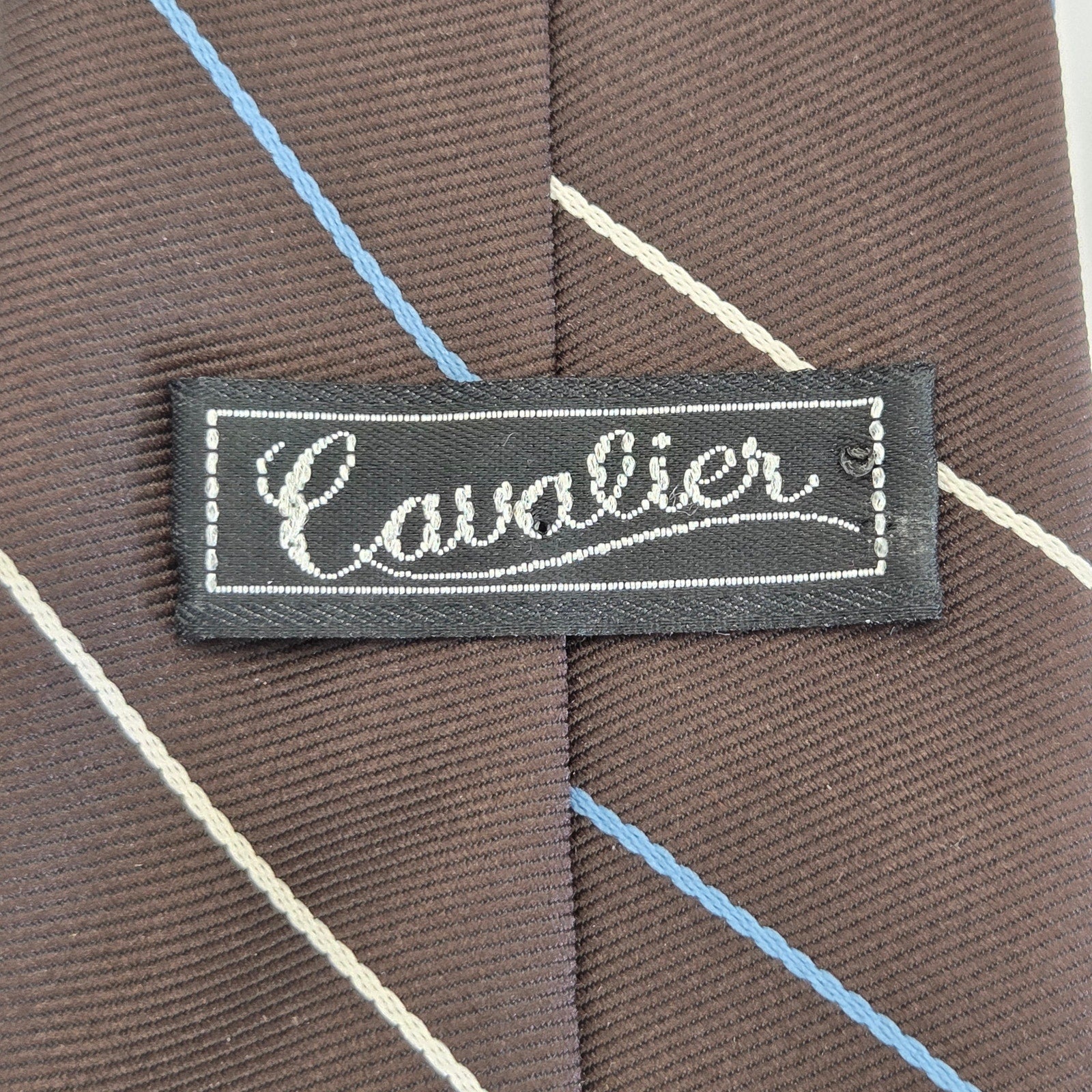 Vintage 1970s Cavalier Brown Blue Stripe Polyester Tie 3” Made USA