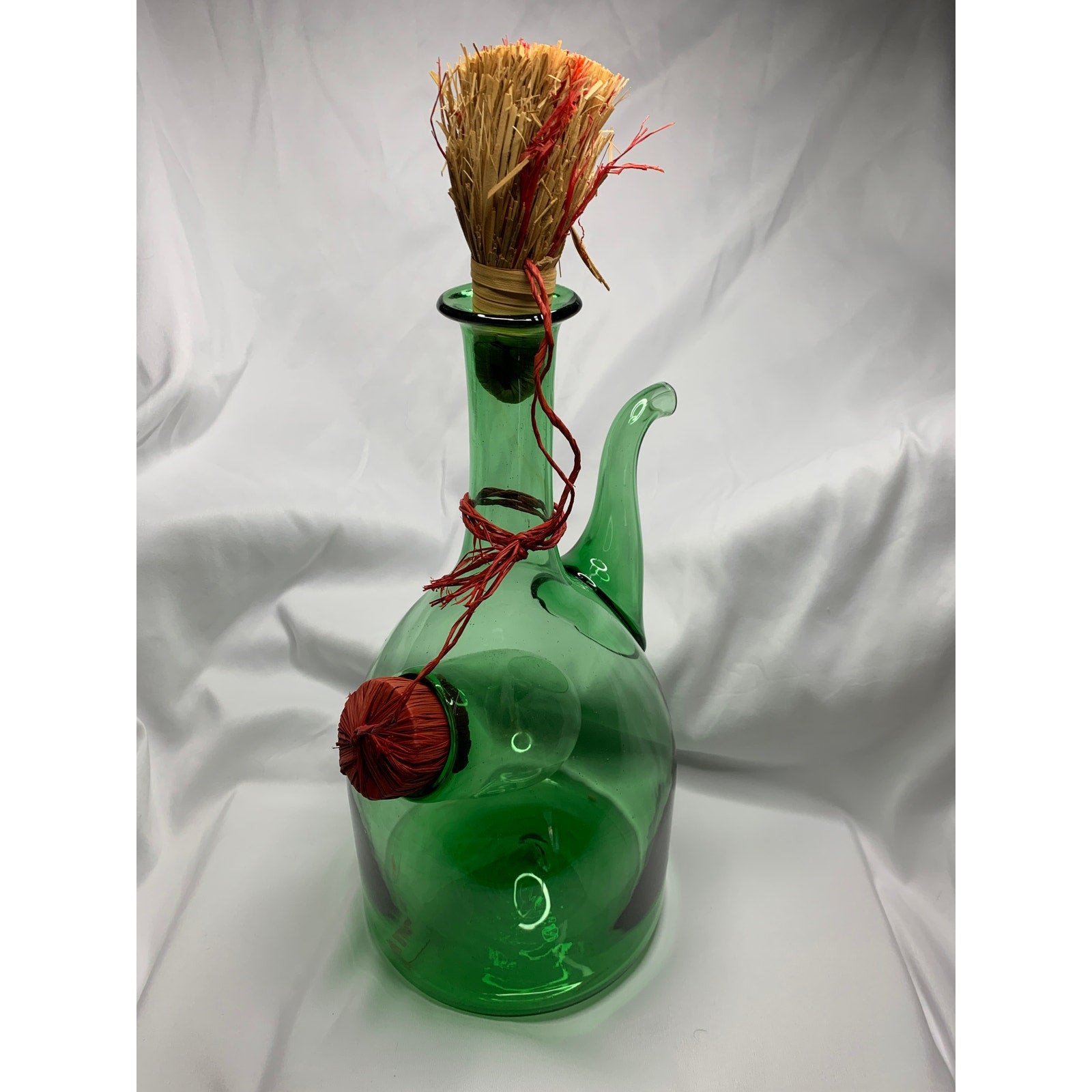 Vintage Italian Style Green Glass Wine Decanter Ice Chamber Raffia Stoppers