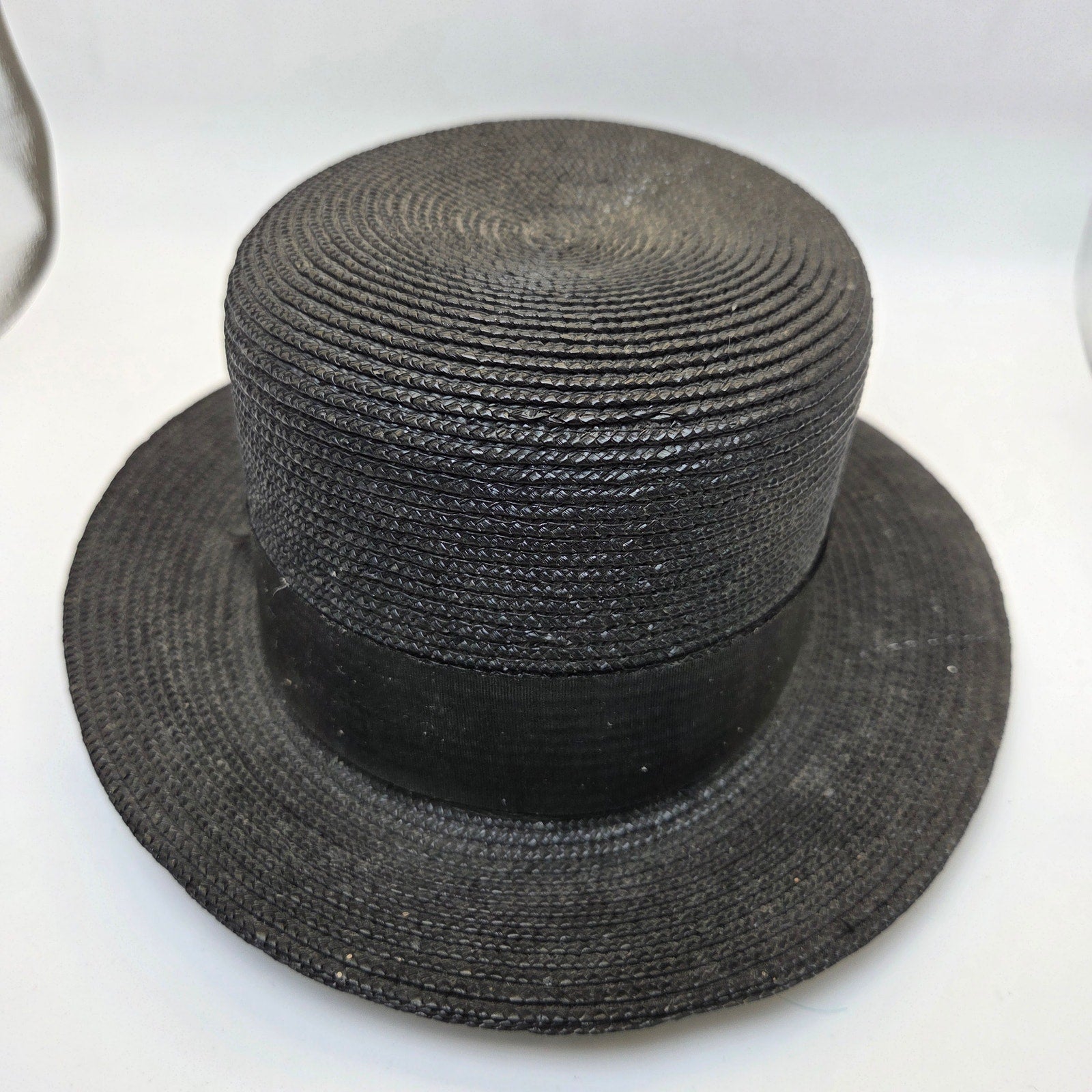 Vintage Straw Boater Hat Black Flat Top Size 6 3/8 Antique Ribbon Band