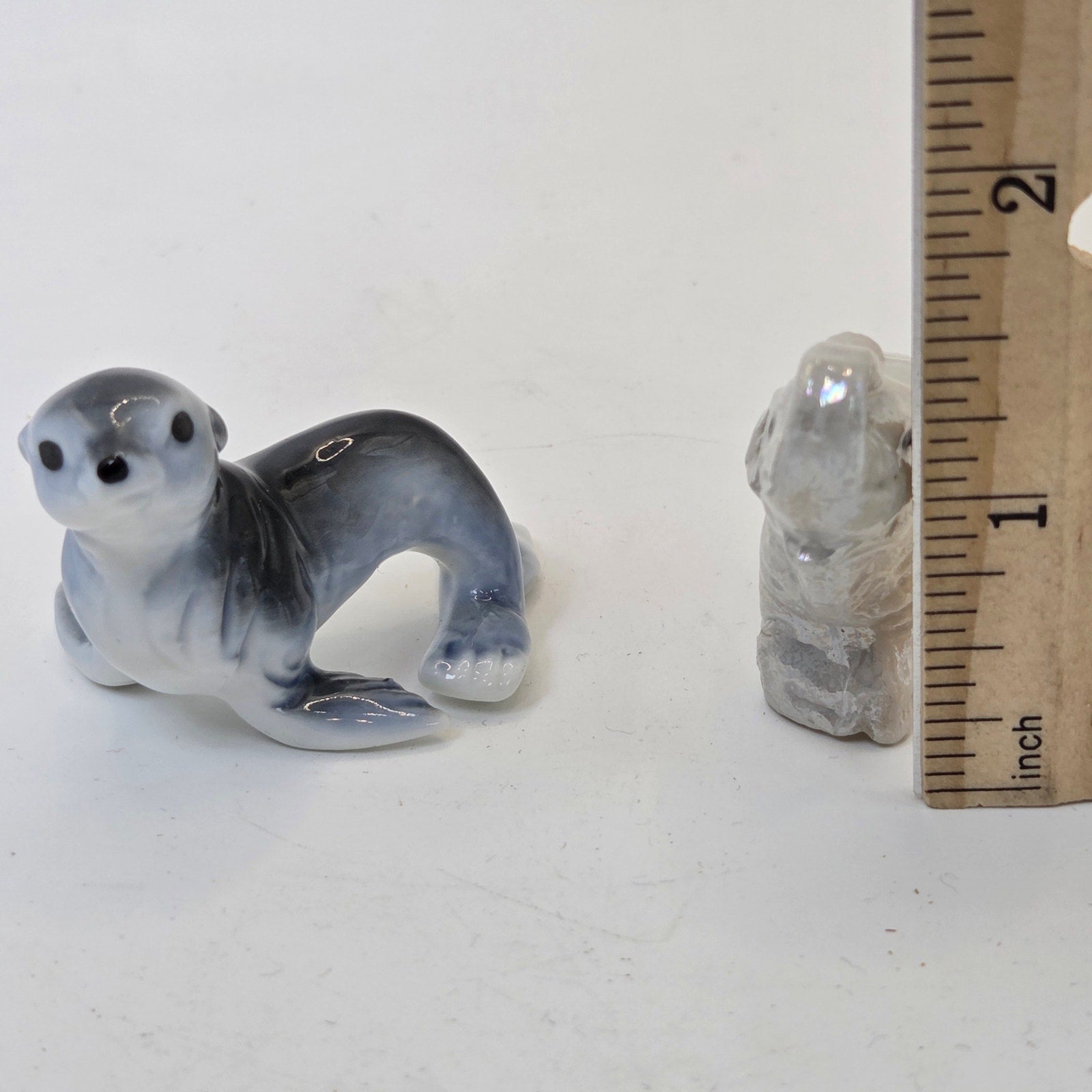 Miniature Ceramic Seal & Elephant Figurines Pair Unmarked Glazed Decor