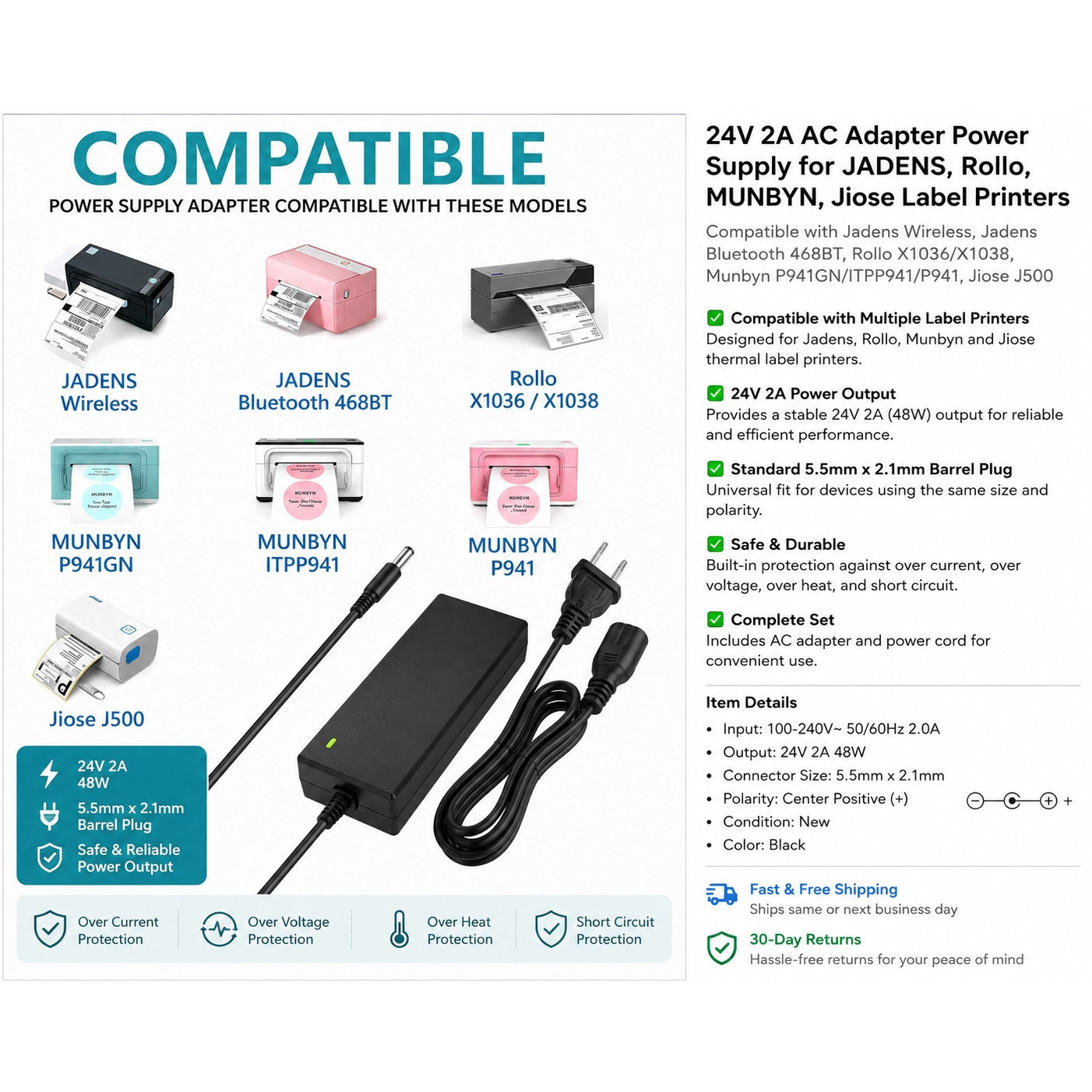 Jadens Thermal Printer Power Supply 24V 2A Adapter Cord Set New