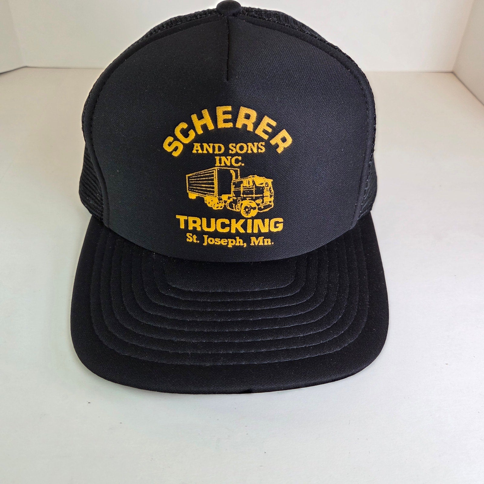Vintage Scherer & Sons Trucking Hat St. Joseph MN Black Foam Mesh Snapback Promo