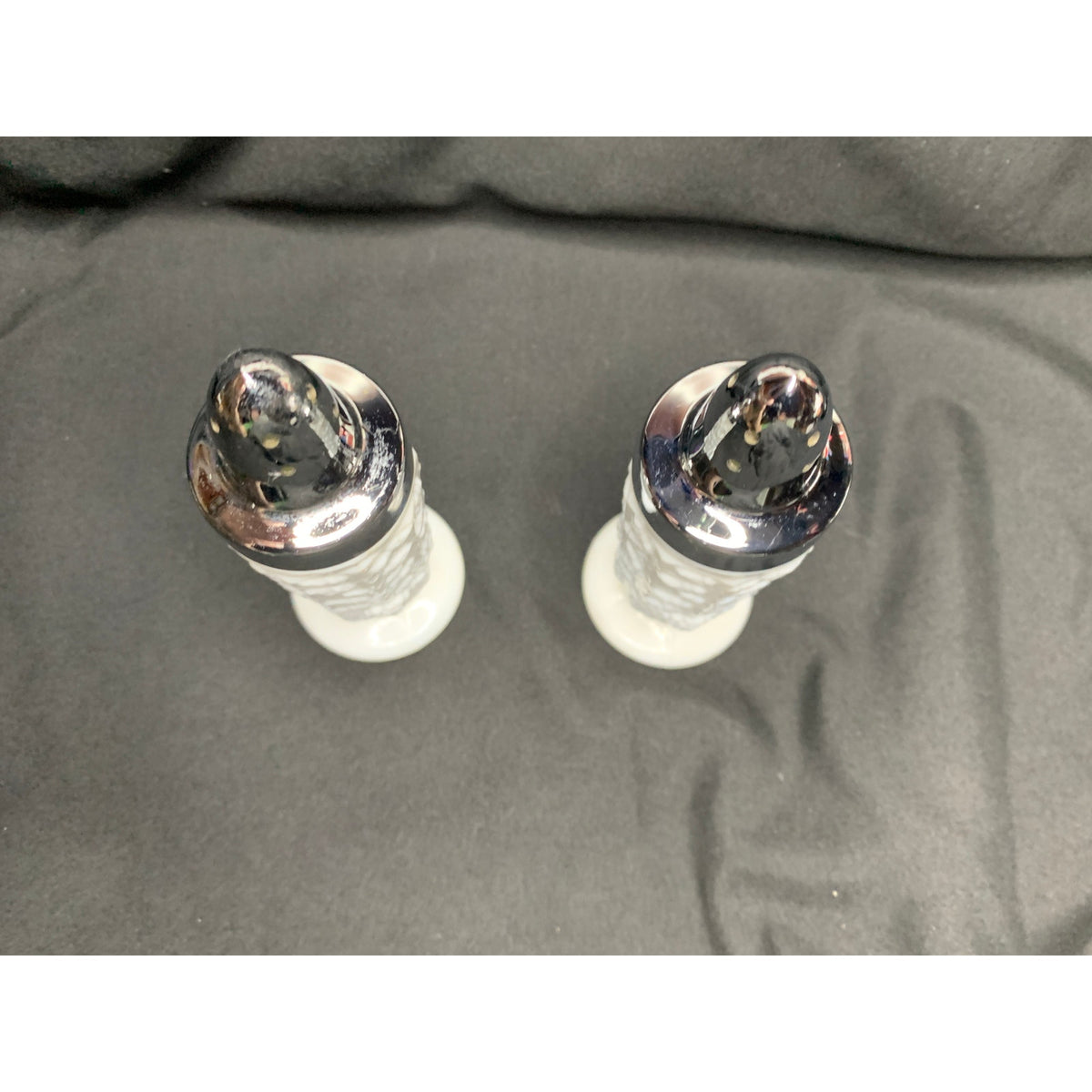 Vintage Westmoreland Paneled Grape Milk Glass Salt Pepper Shakers Chrome