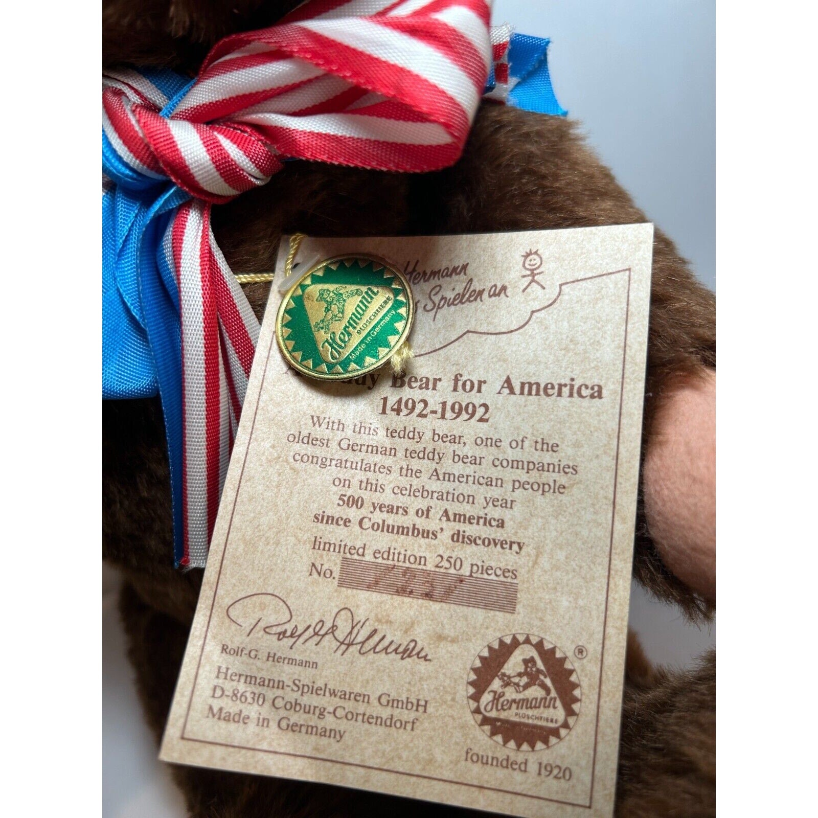 Hermann Mohair Teddy Bear for America 1492-1992 LE 23/250 w/COA & Drum