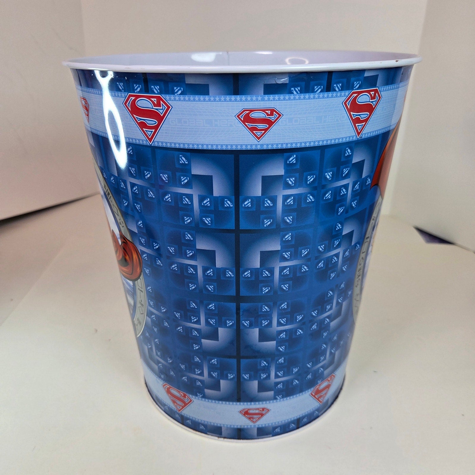 Superman Tin Wastebasket Trash Can DC Comics The Tin Box Co Blue Vintage Style
