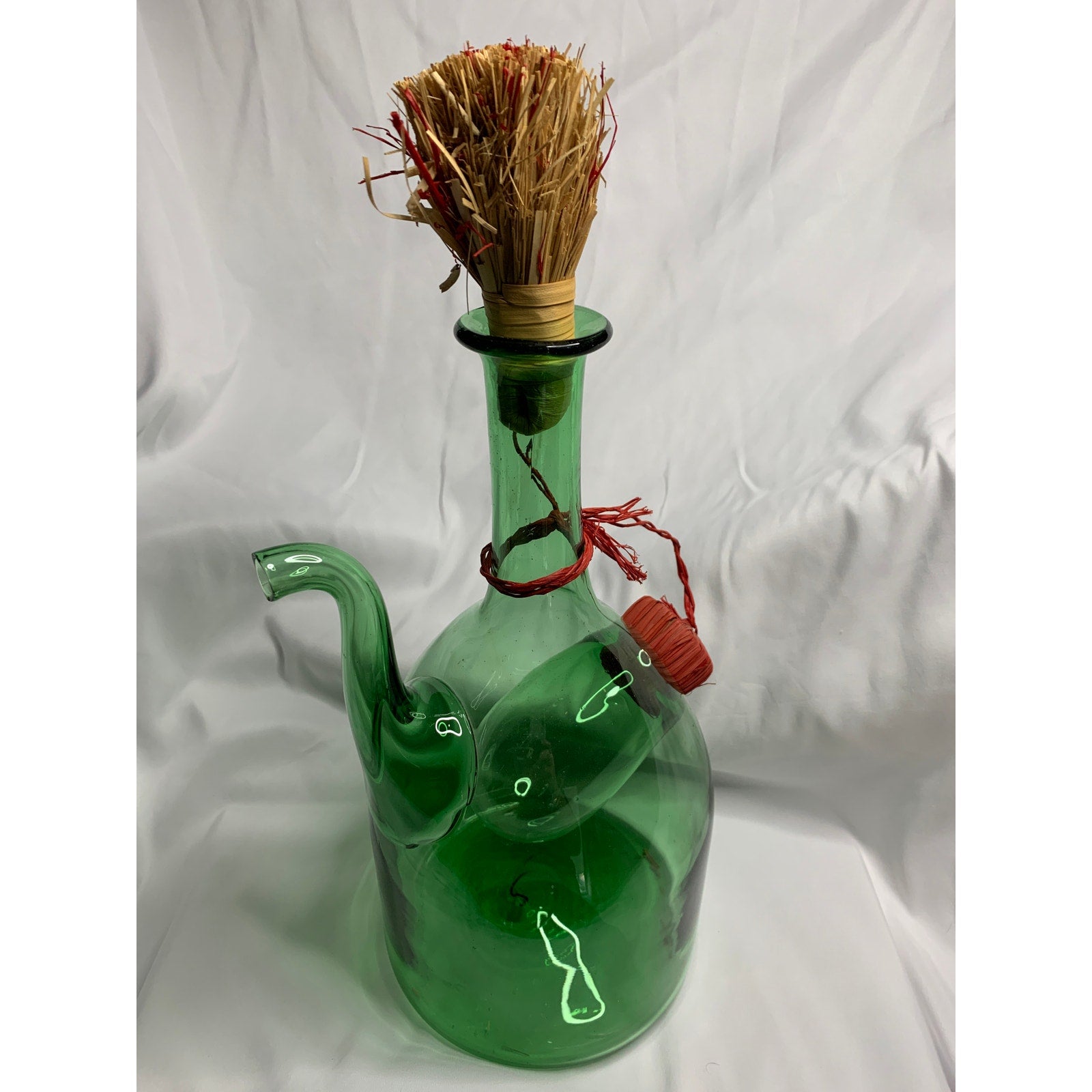 Vintage Italian Style Green Glass Wine Decanter Ice Chamber Raffia Stoppers