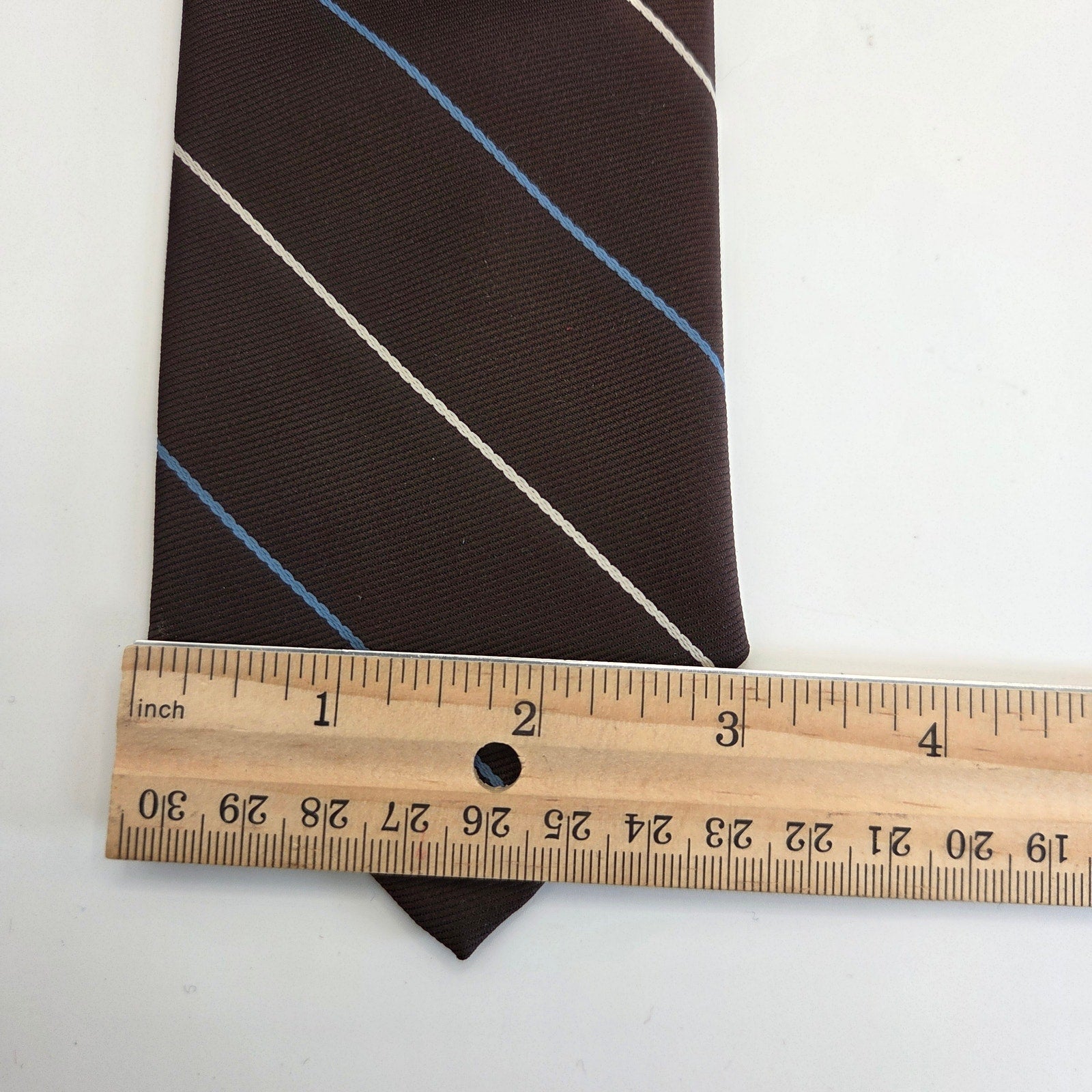 Vintage 1970s Cavalier Brown Blue Stripe Polyester Tie 3” Made USA