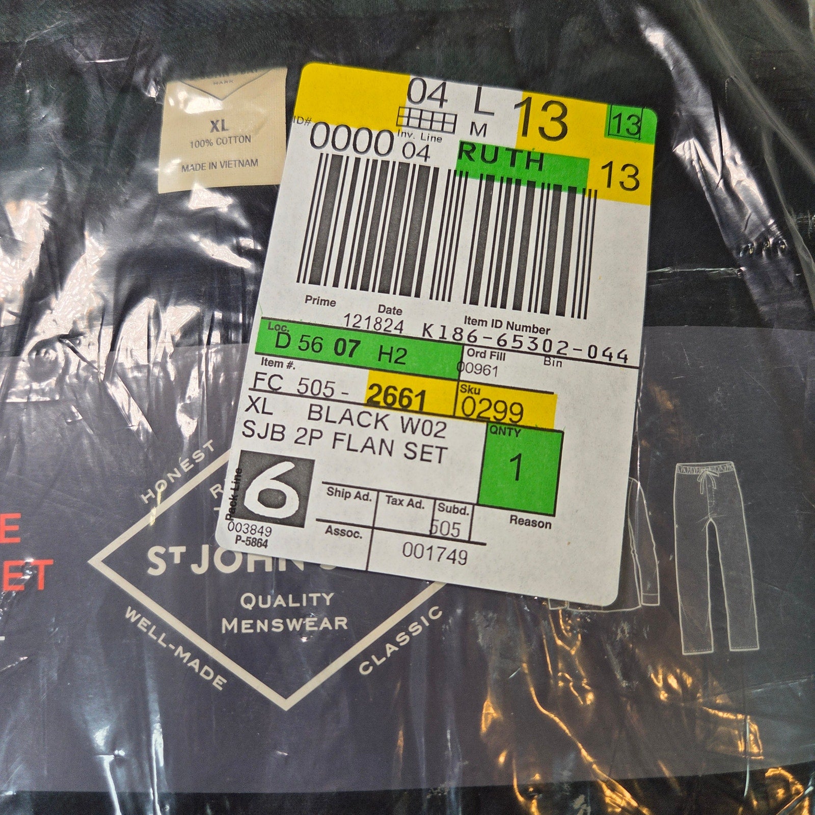 St. John’s Bay Men’s Flannel Pajama Set XL 2-Piece Cotton Black
