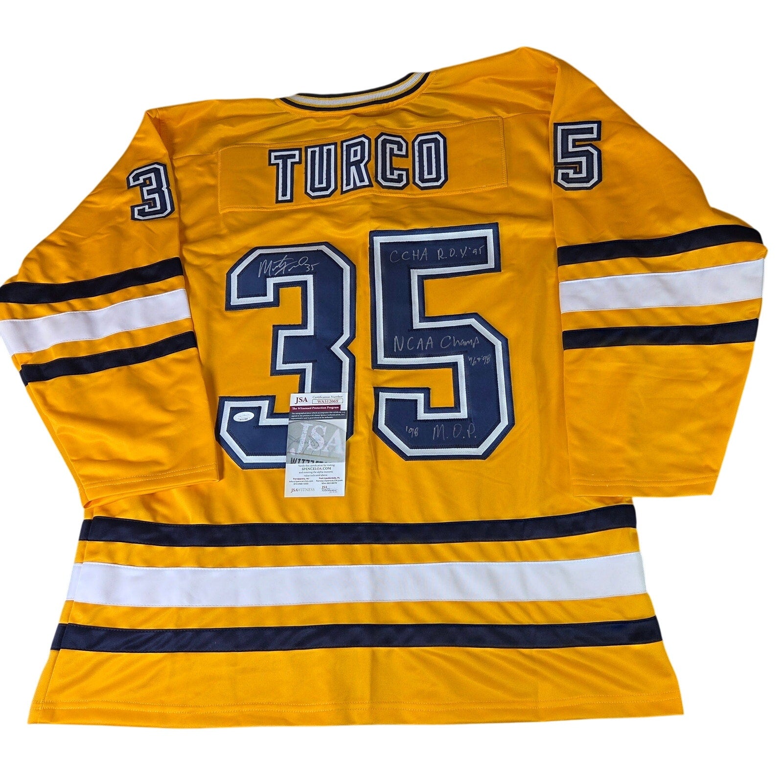 Marty Turco Signed Custom Michigan Wolverines Hockey Jersey 3x Inscribed JSA