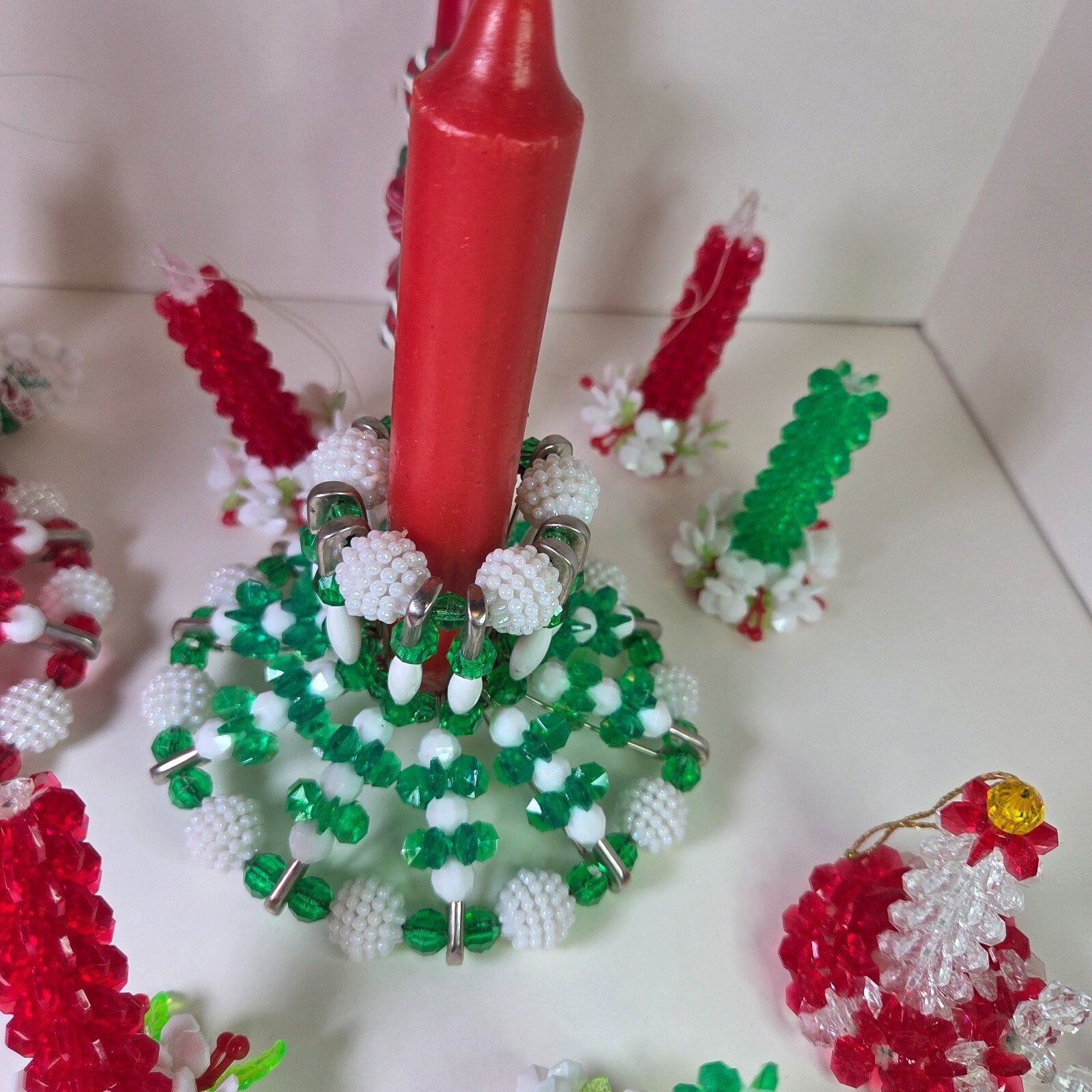 Vintage Beaded Christmas Candle Holders & Ornaments Lot of 13 + Candles