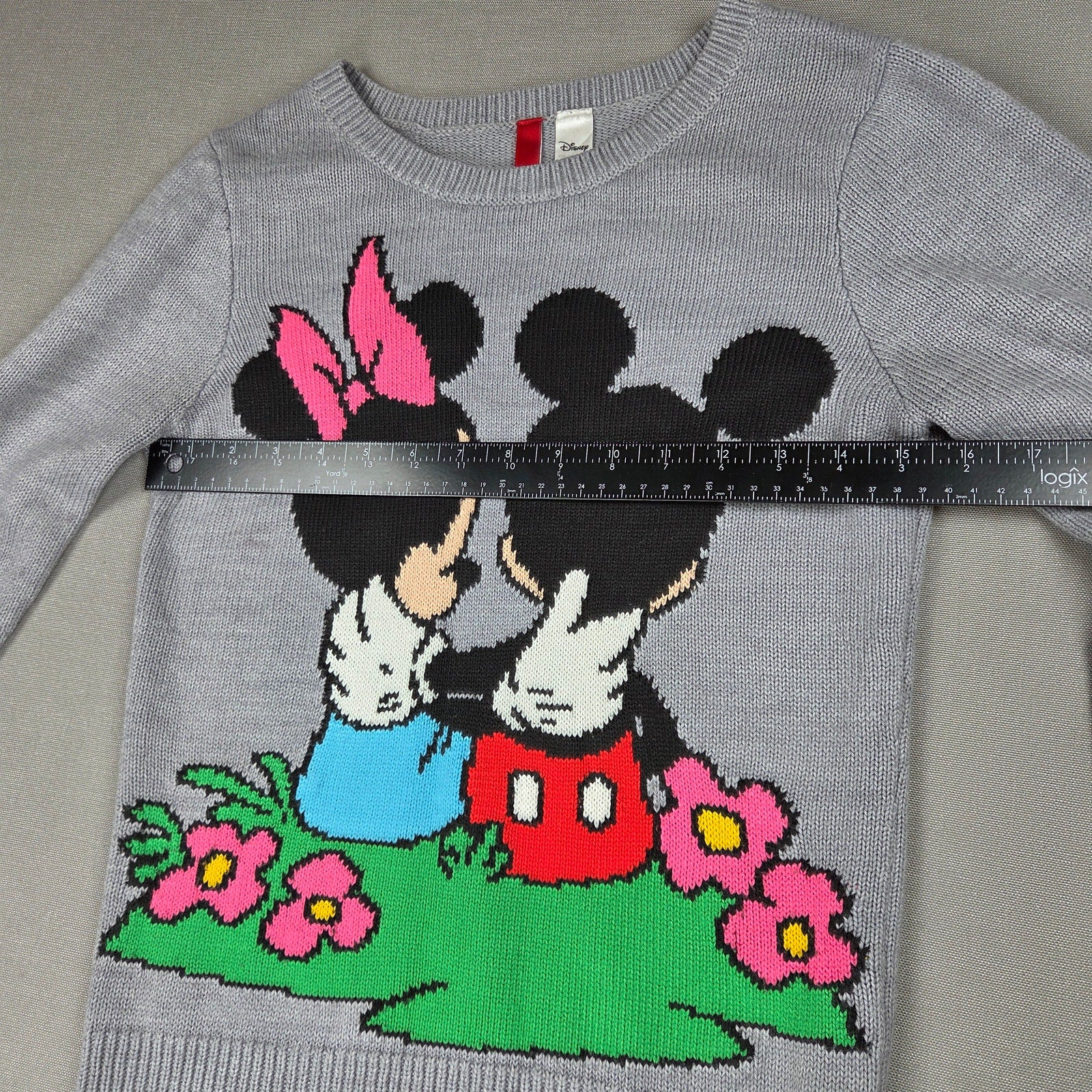 Disney Divided H&M Mickey Minnie Mouse Knit Sweater Girls Size 8 Gray Floral