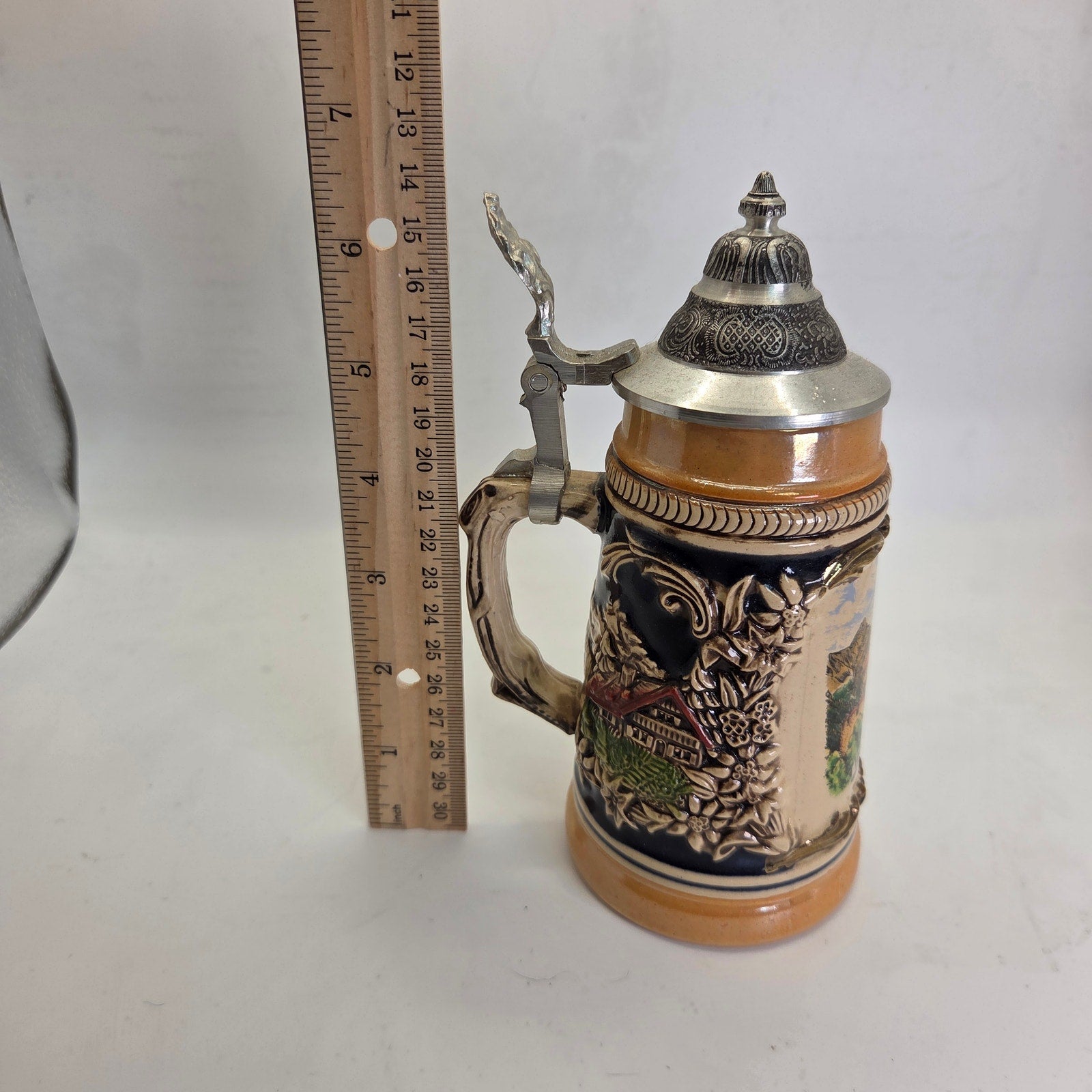 Vintage German Beer Stein Vaduz Liechtenstein Handarbeit Pewter Lid 7”