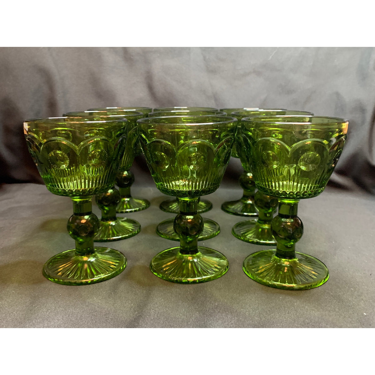 Olive Green Pressed Glass Wine Goblets Ball Stem Rayed Foot Set of 9