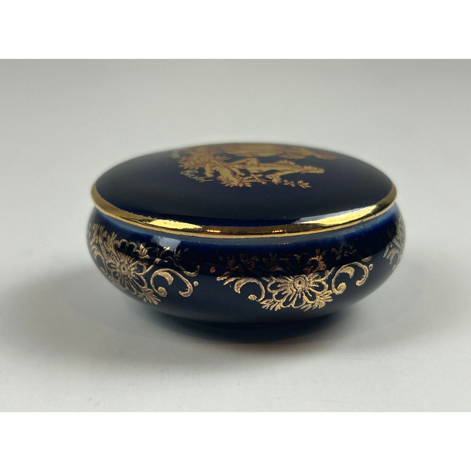 Limoges Castel Cobalt Blue Trinket Box Courting Couple 22K Gold France