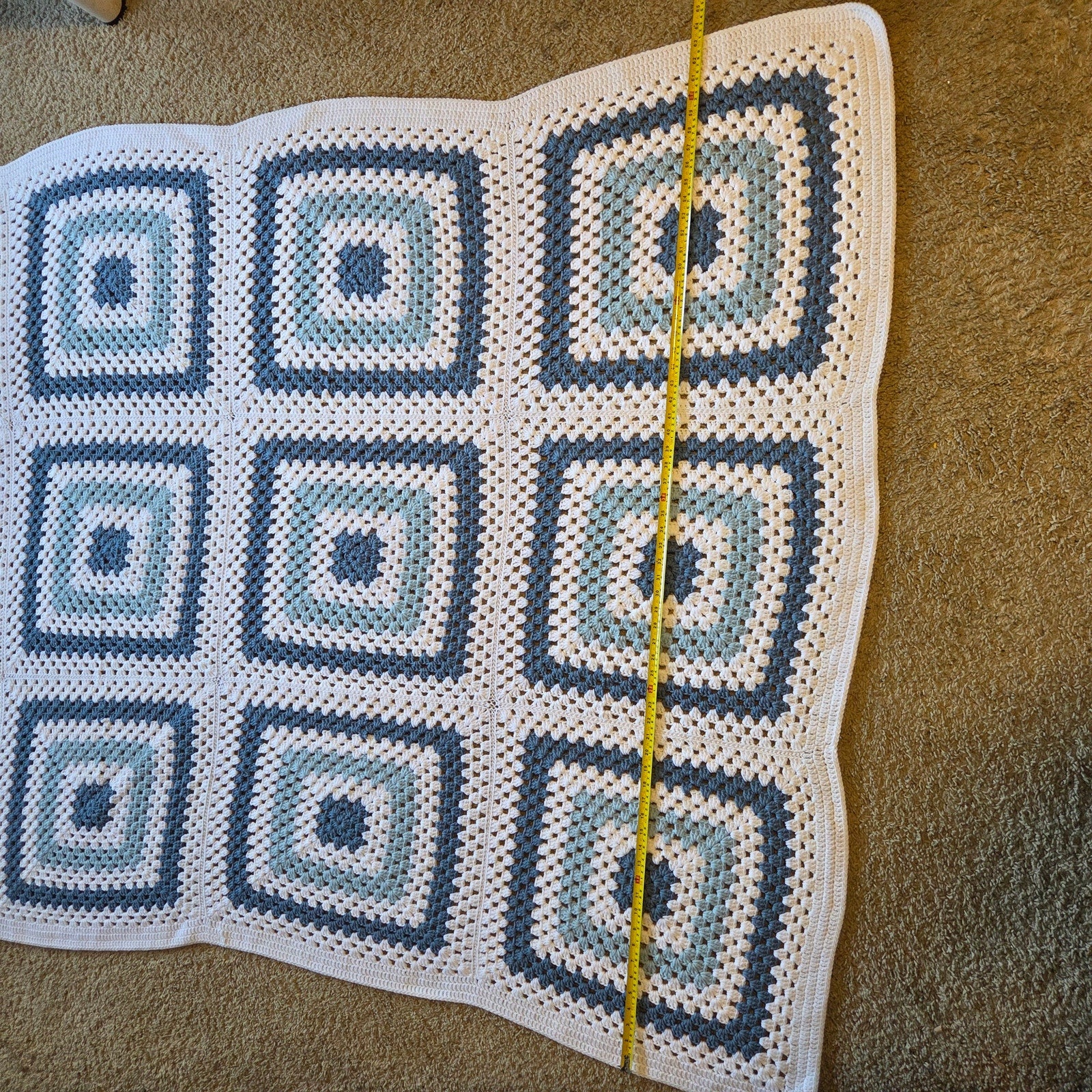 Handmade Blue White Crochet Granny Square Afghan Blanket 88x63