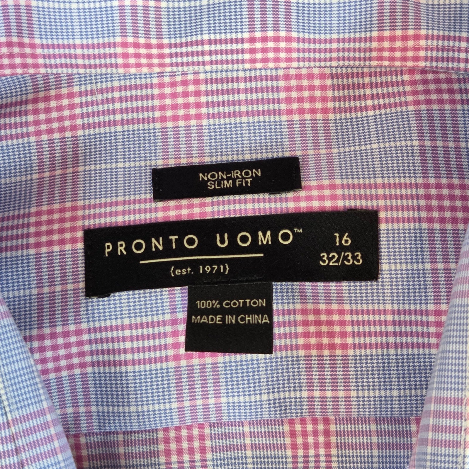 Pronto Uomo Slim Fit Non-Iron Pink Blue Plaid Dress Shirt 16 32/33