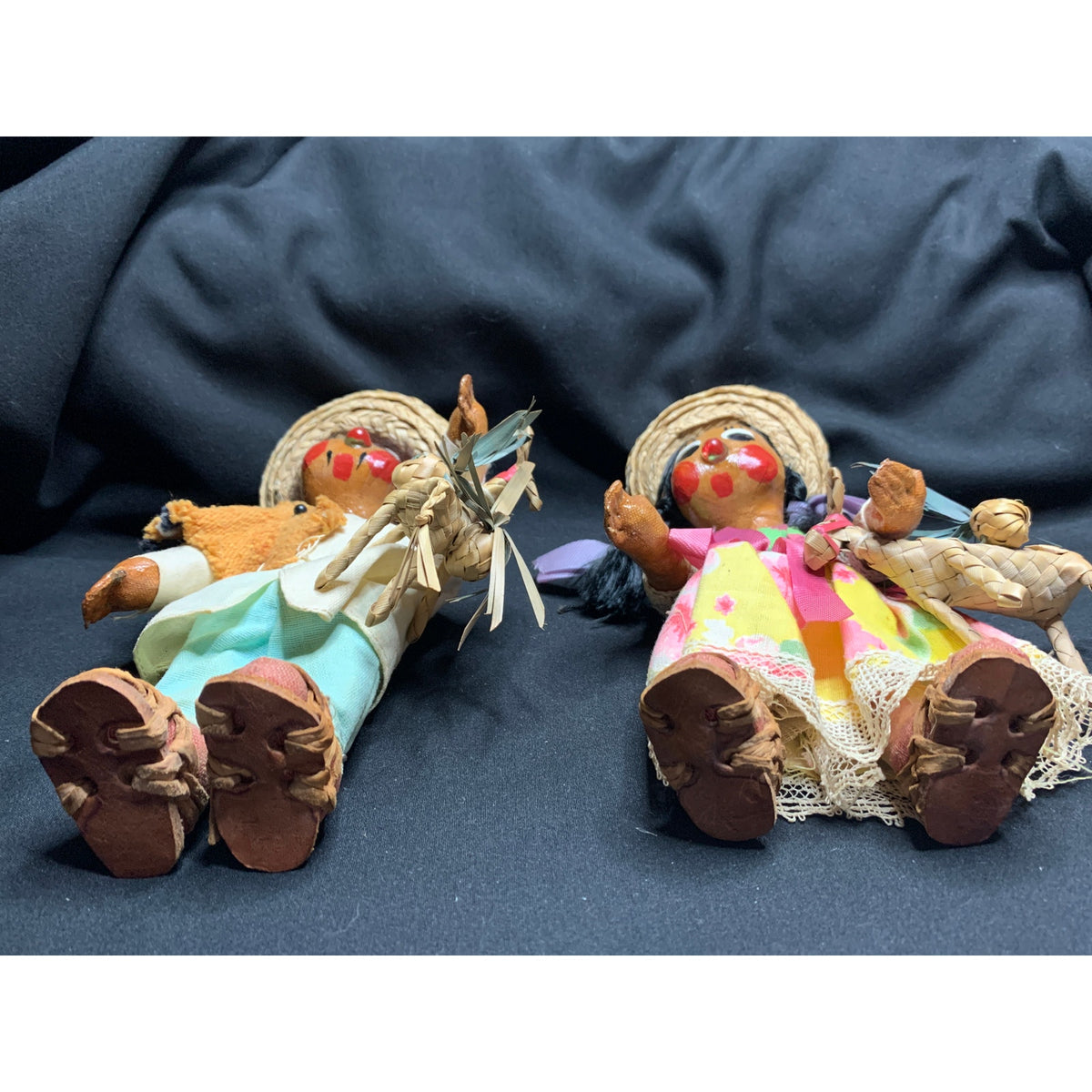 Vintage Mexican Folk Art Oilcloth Dolls Pair Straw Hats Animals 1960s 1970s