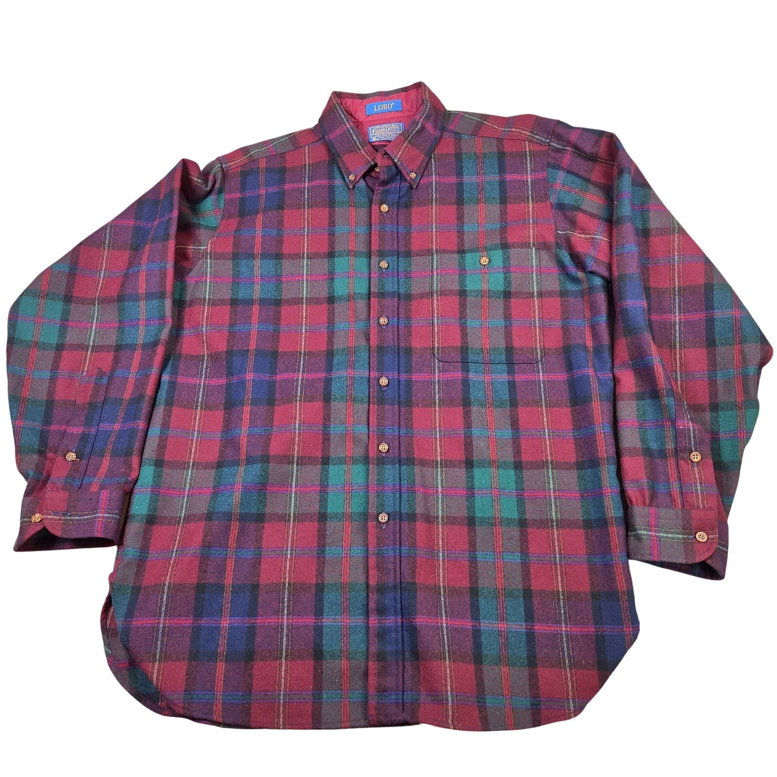 Pendleton Lobo Virgin Wool Plaid Button Down Shirt USA Mens Large Vintage