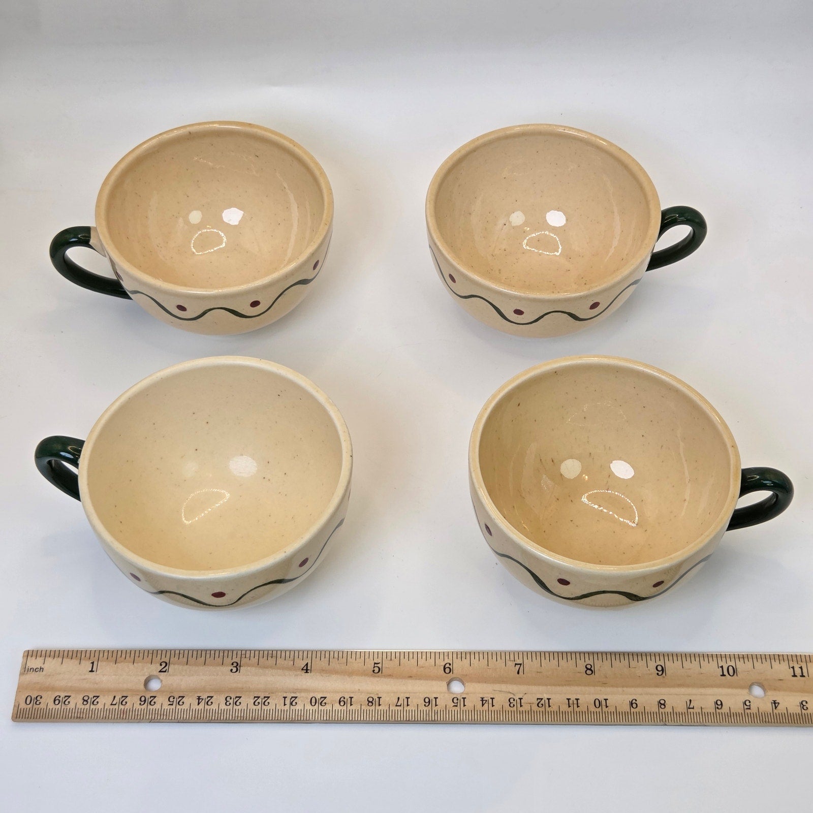 Vintage Metlox Poppytrail 4 Coffee Tea Cups California Pottery Set Green Handles