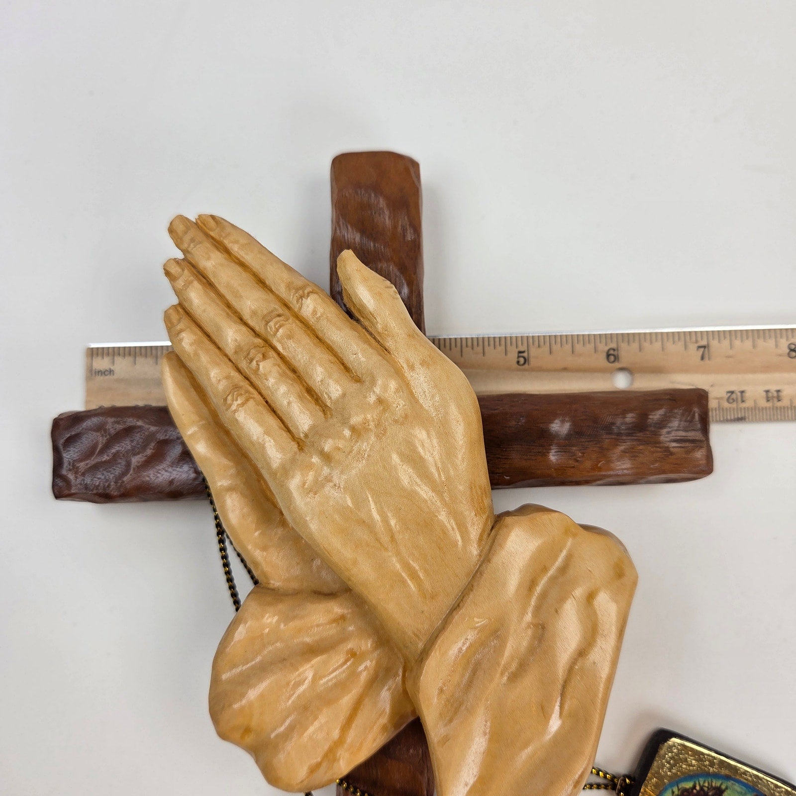 Signed Jim Ward Hand Carved Wooden Praying Hands Cross Wall Hanging Folk Art