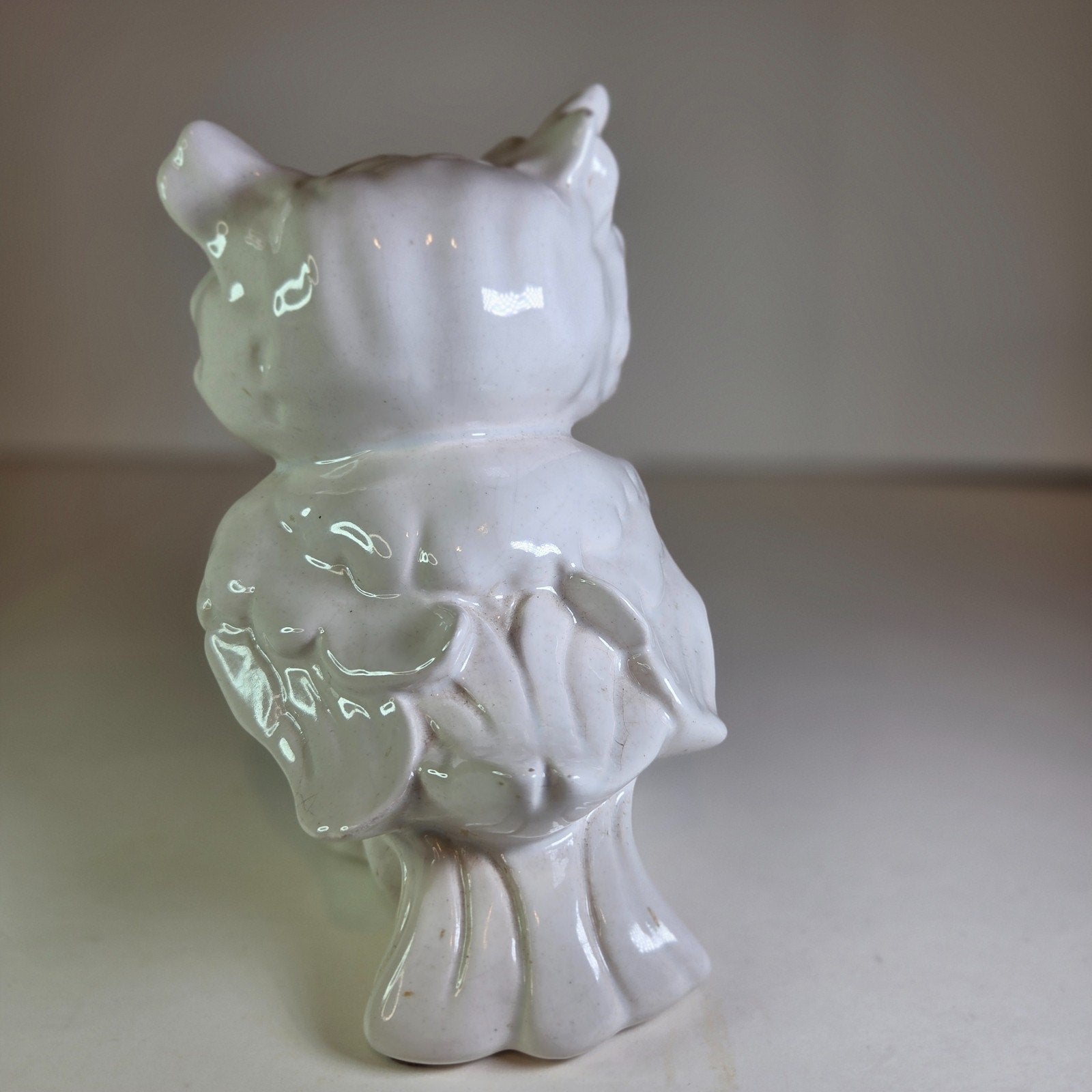 Vintage White Ceramic Owl Figurine Mid-Century Style Big Eyes 5.75" Tall