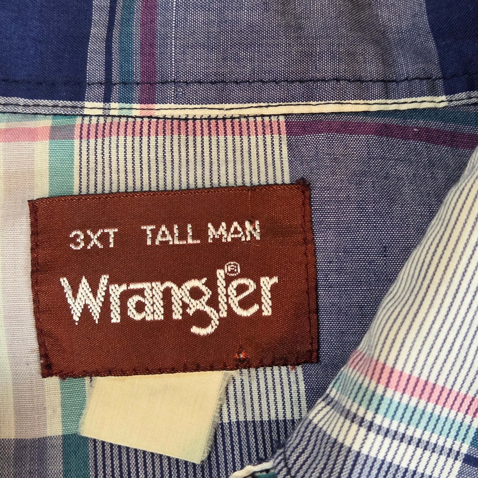 Wrangler 3XT Tall Man Pearl Snap Western Shirt Blue Plaid Flawed Sleeves