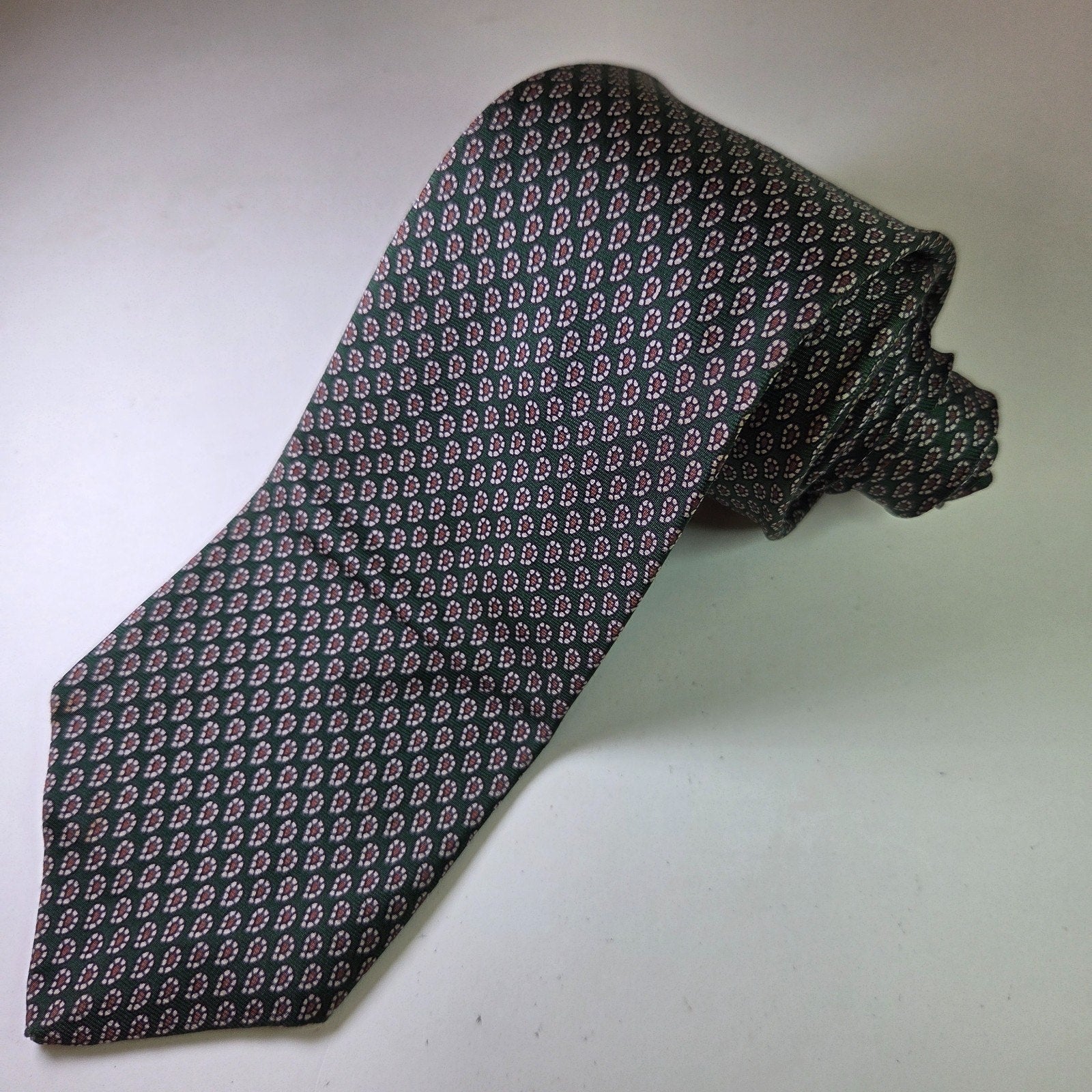 Robert White English Silk Tie Green Red Micro Paisley John Comfort Vintage