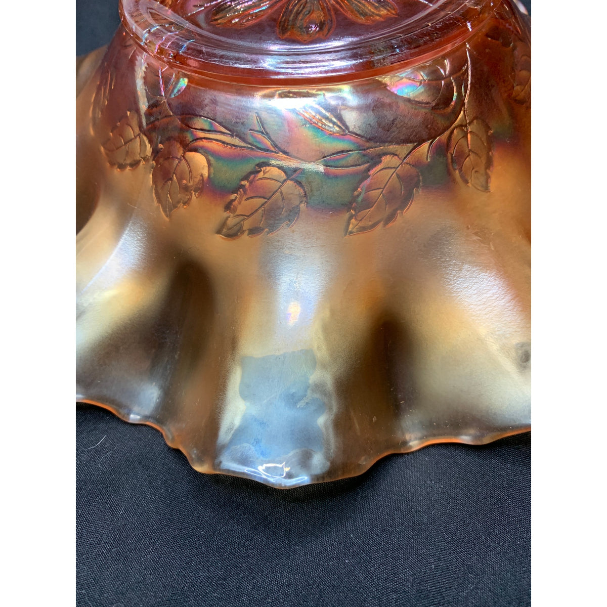 Antique Dugan Cosmos Variant Marigold Carnival Glass Ruffled Bowl 1910s