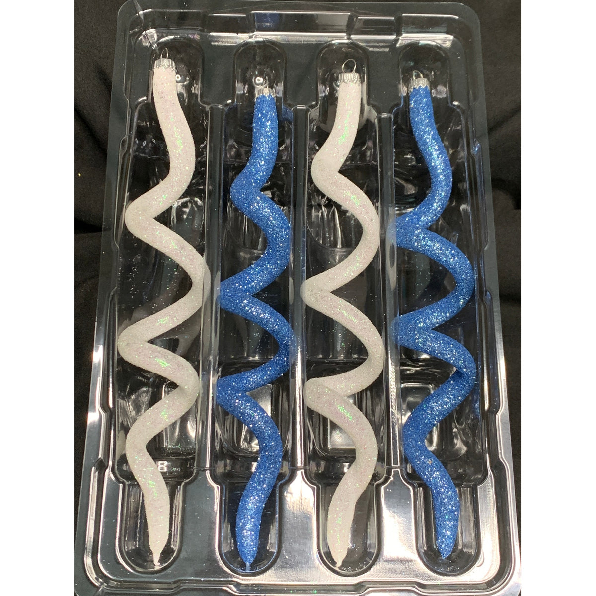 Krebs Blue White Glitter Spiral Glass Christmas Ornaments Set of 4 Boxed