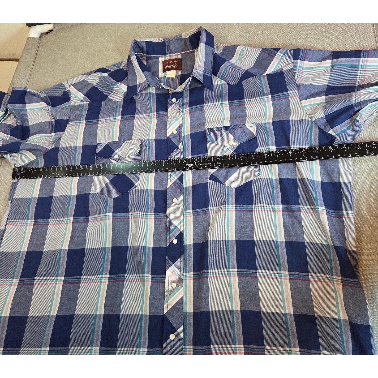 Wrangler 3XT Tall Man Pearl Snap Western Shirt Blue Plaid Flawed Sleeves