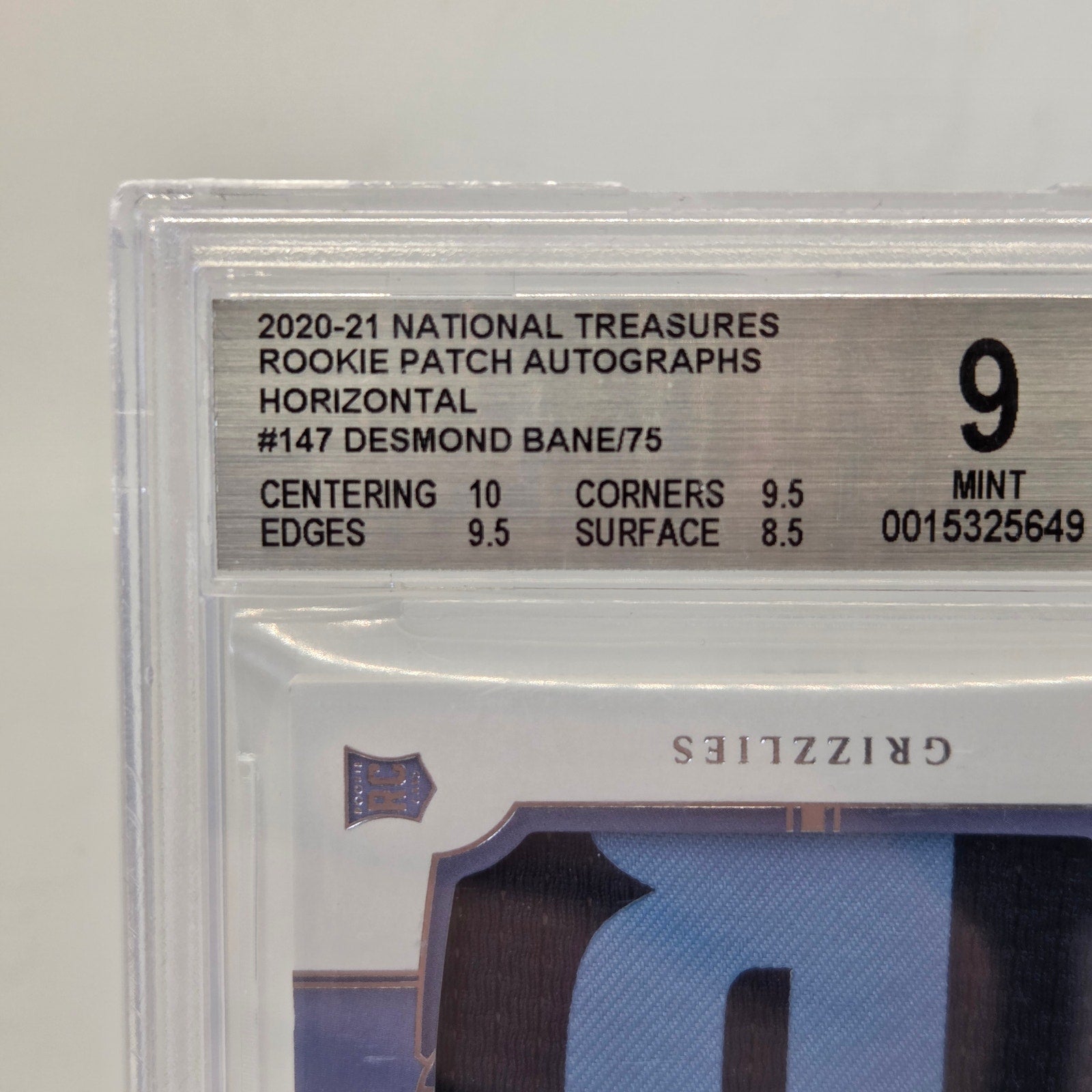 2020-21 National Treasures Desmond Bane RPA /75 Patch Auto BGS 9 Auto 10 Rookie