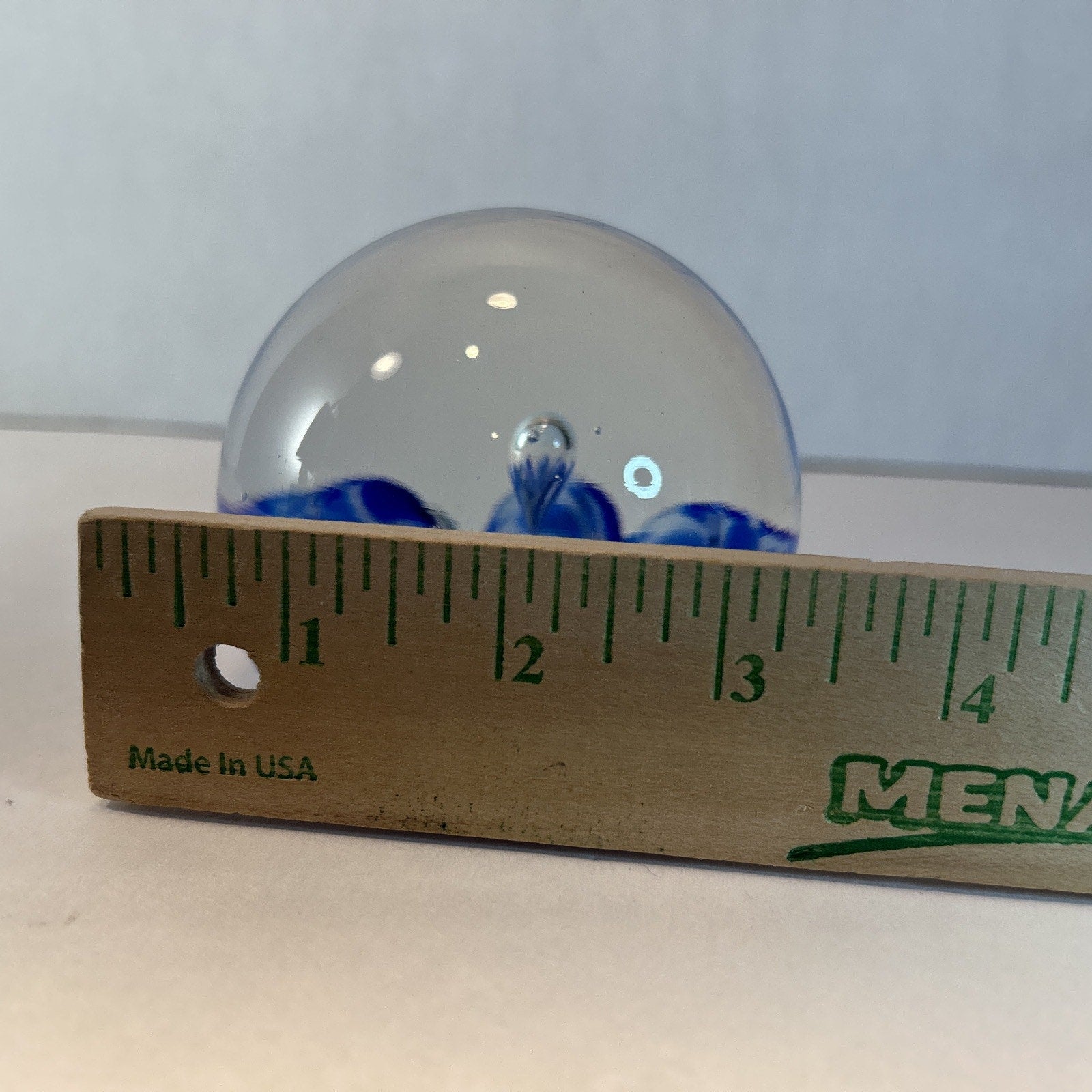 Vintage Monte Dunlavy Signed Art Glass Paperweight Blue Flower Design 3"