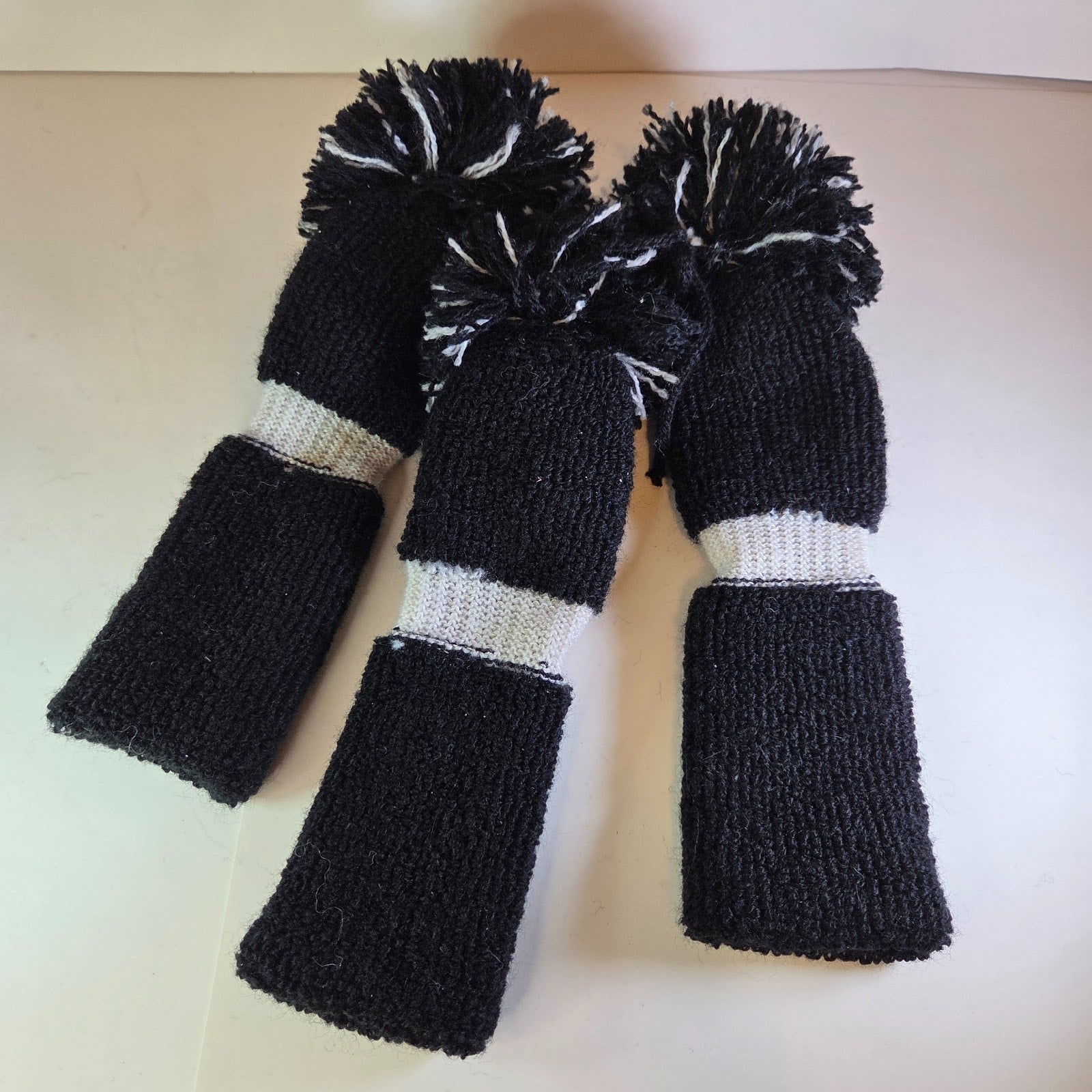 Vintage Knit Golf Club Headcovers Set 1 3 X Black White Pom Pom Wool