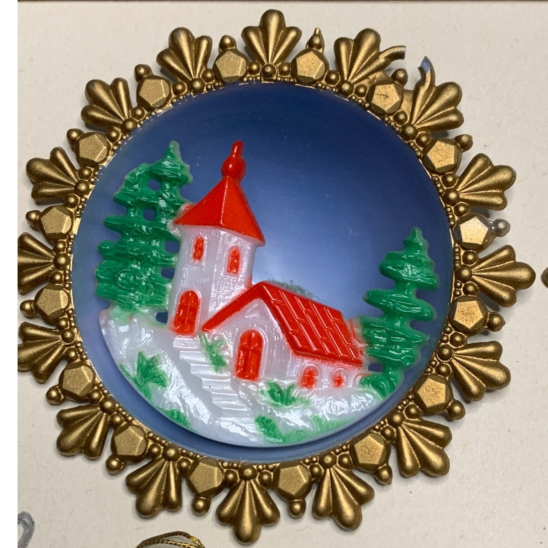 Vintage Western Germany Diorama Christmas Ornaments Set of 6 Boxed 1950s