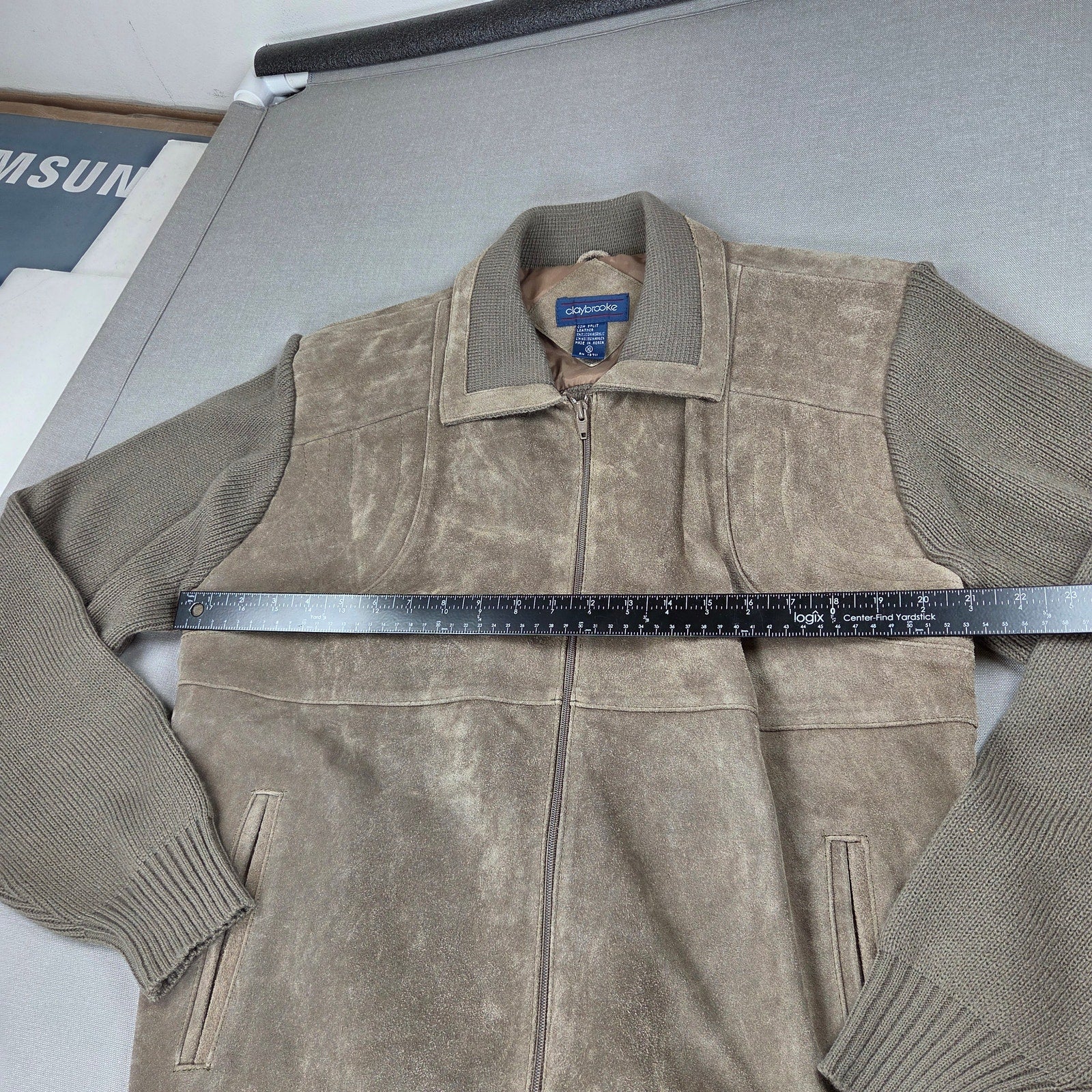 Claybrooke Cow Split Leather Knit Full Zip Sweater Jacket Men's XL Korea Vintage