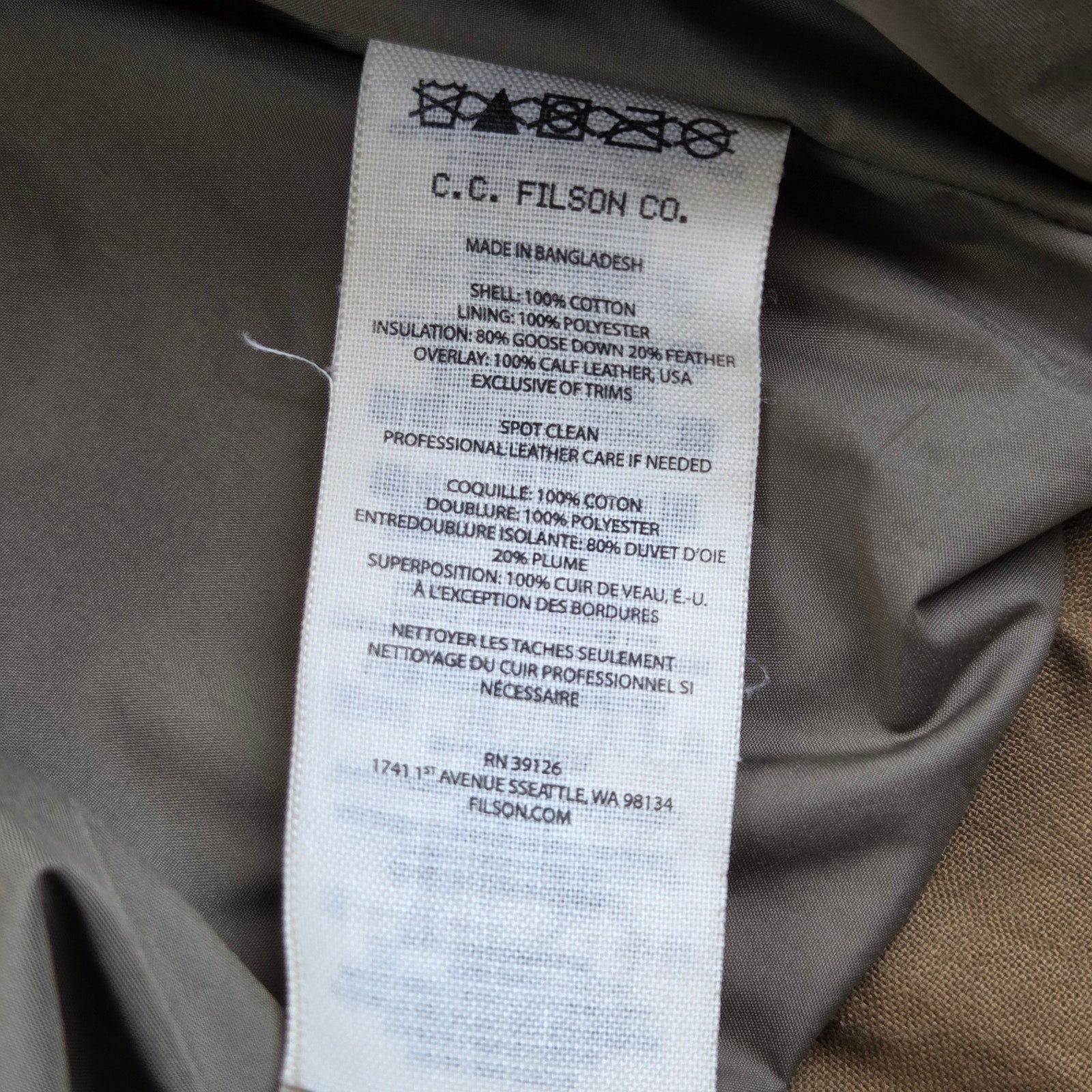Filson Women's Down Vest XXL Antique Bronze Calfskin Leather Goose Down Puffer