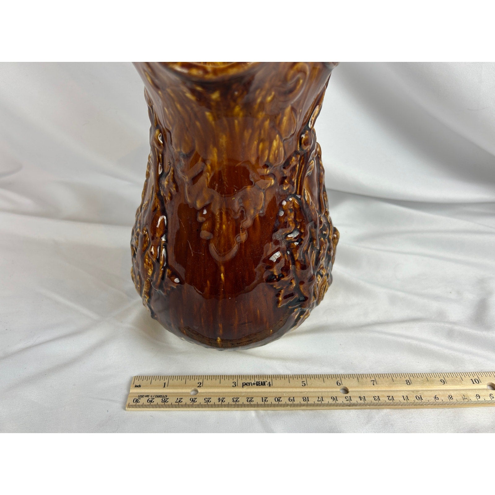 Vintage Rockingham Glaze Pitcher Relief Hunting Scene Dogs Stoneware