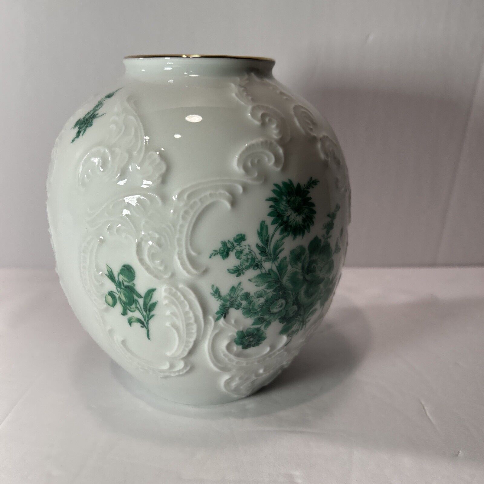 Vintage KPM Bavaria Royal Porcelain Vase Embossed Floral Green Gold Rim Germany
