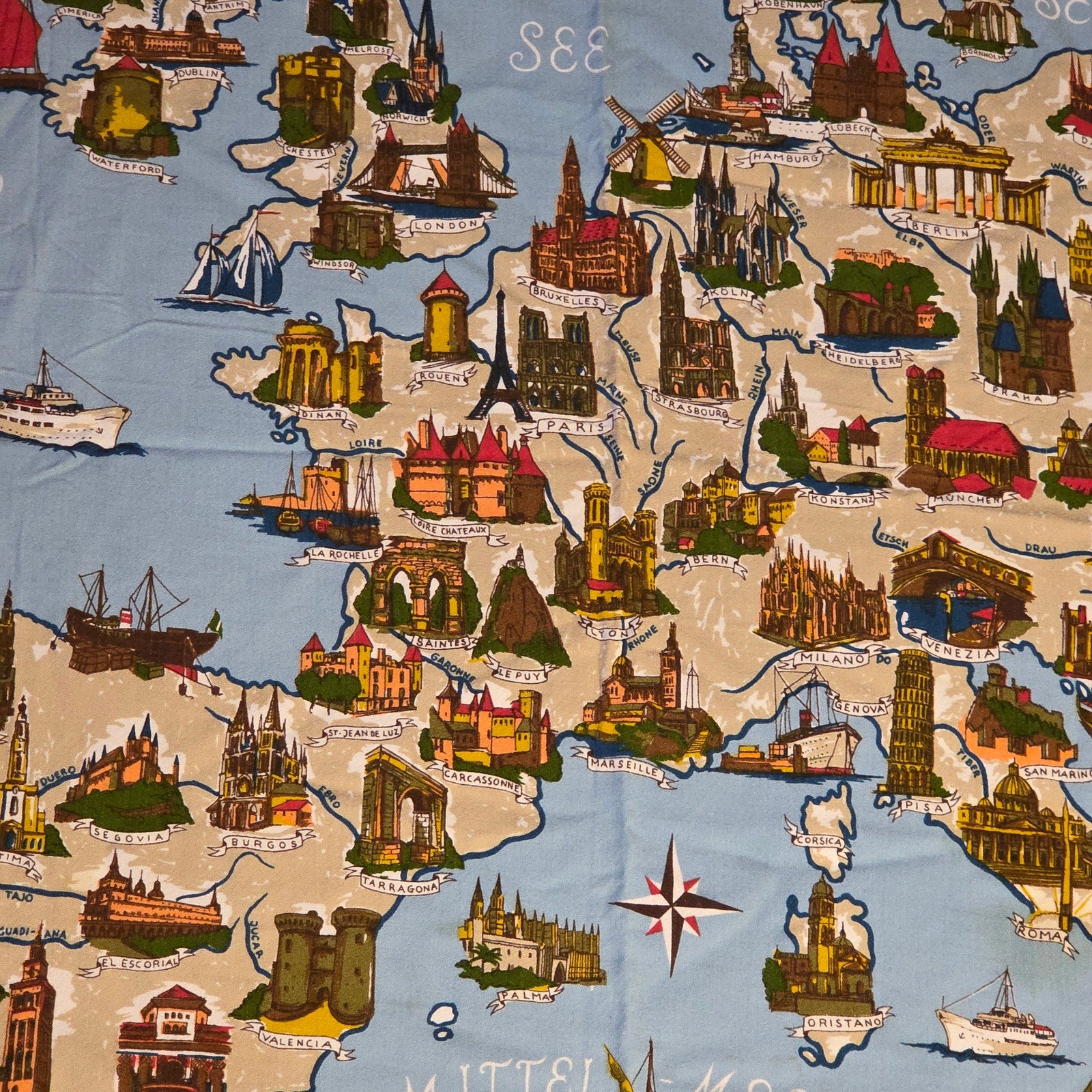 Vintage Europe Map Textile Tieltjet Viscose Wall Hanging 57x45”