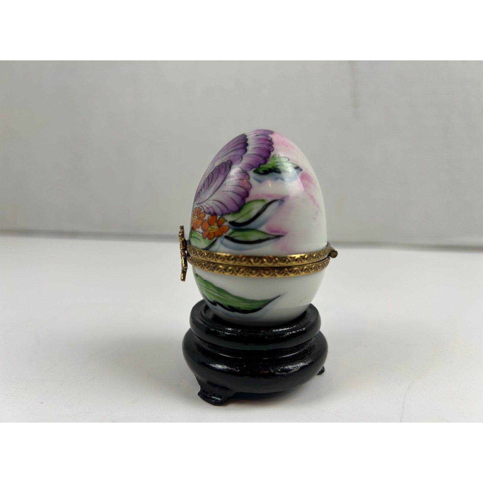Limoges France Hand Painted Porcelain Trinket Box Egg Purple Floral Richard