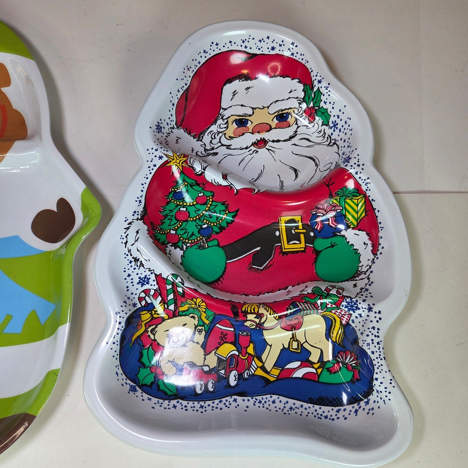 Lot of 2 Christmas Cookie Trays – Santa & Reindeer Shaped Plastic Serving Plates
