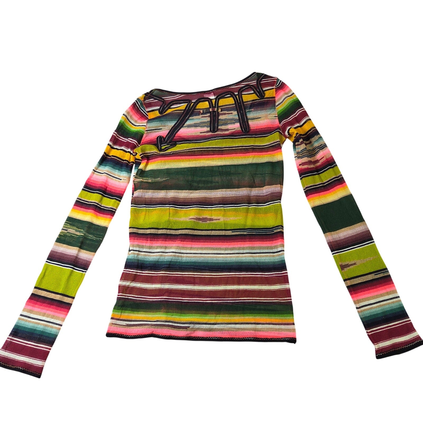 Jean Paul Gaultier Soleil Fuzzi Mesh Top Vintage Y2K Stripe Italy M Long Sleeve