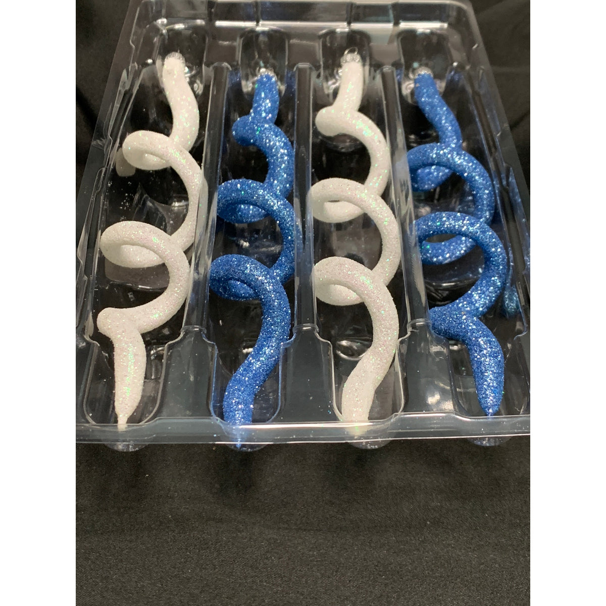 Krebs Blue White Glitter Spiral Glass Christmas Ornaments Set of 4 Boxed