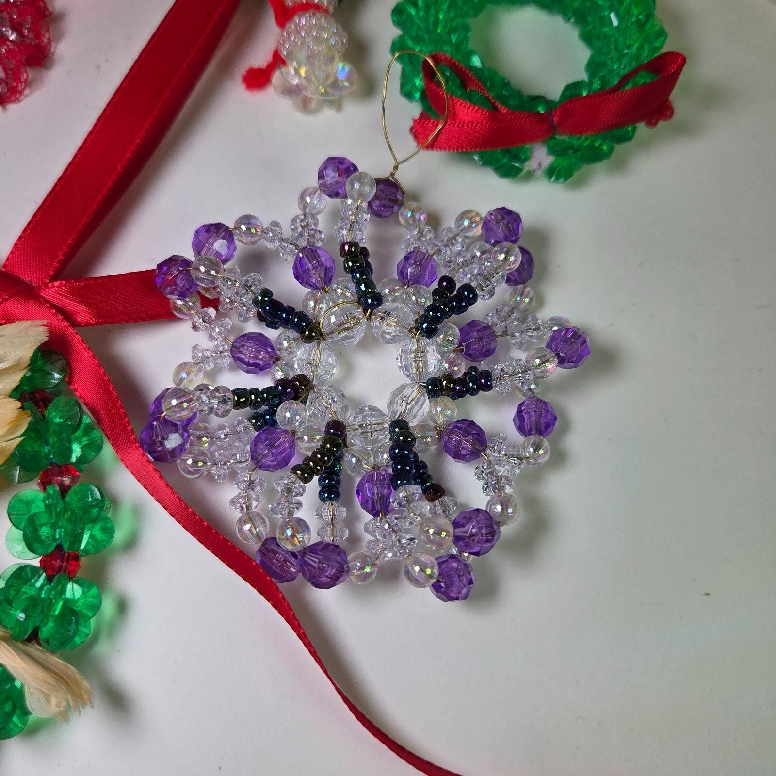 Vintage Handmade Beaded Christmas Ornaments Lot – Wreaths, Birds, More